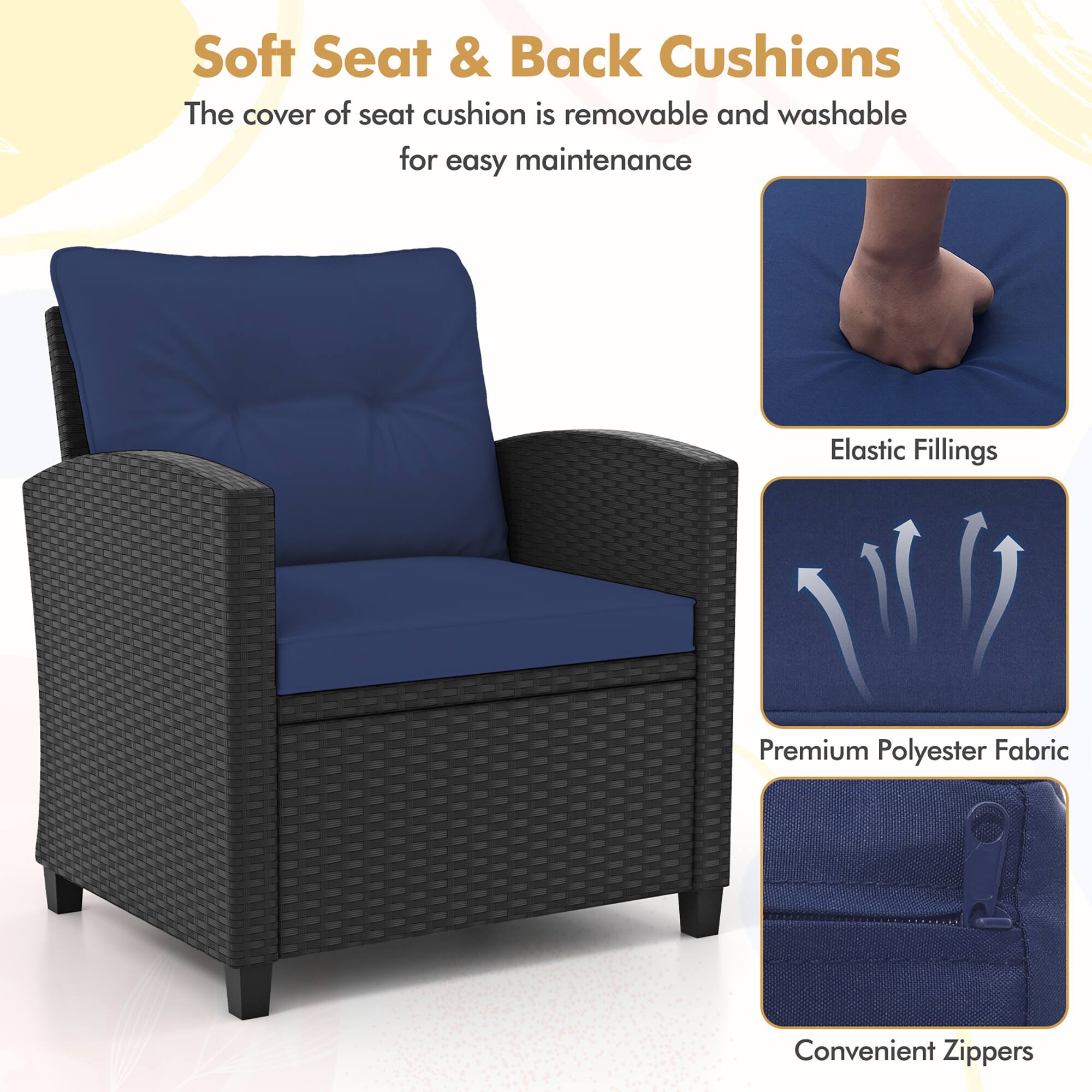 Soft Seat & Back Cushions  
The cover of seat cushion is removable and washable for easy maintenance  

Elastic Fillings  
Premium Polyester Fabric  
Convenient Zippers