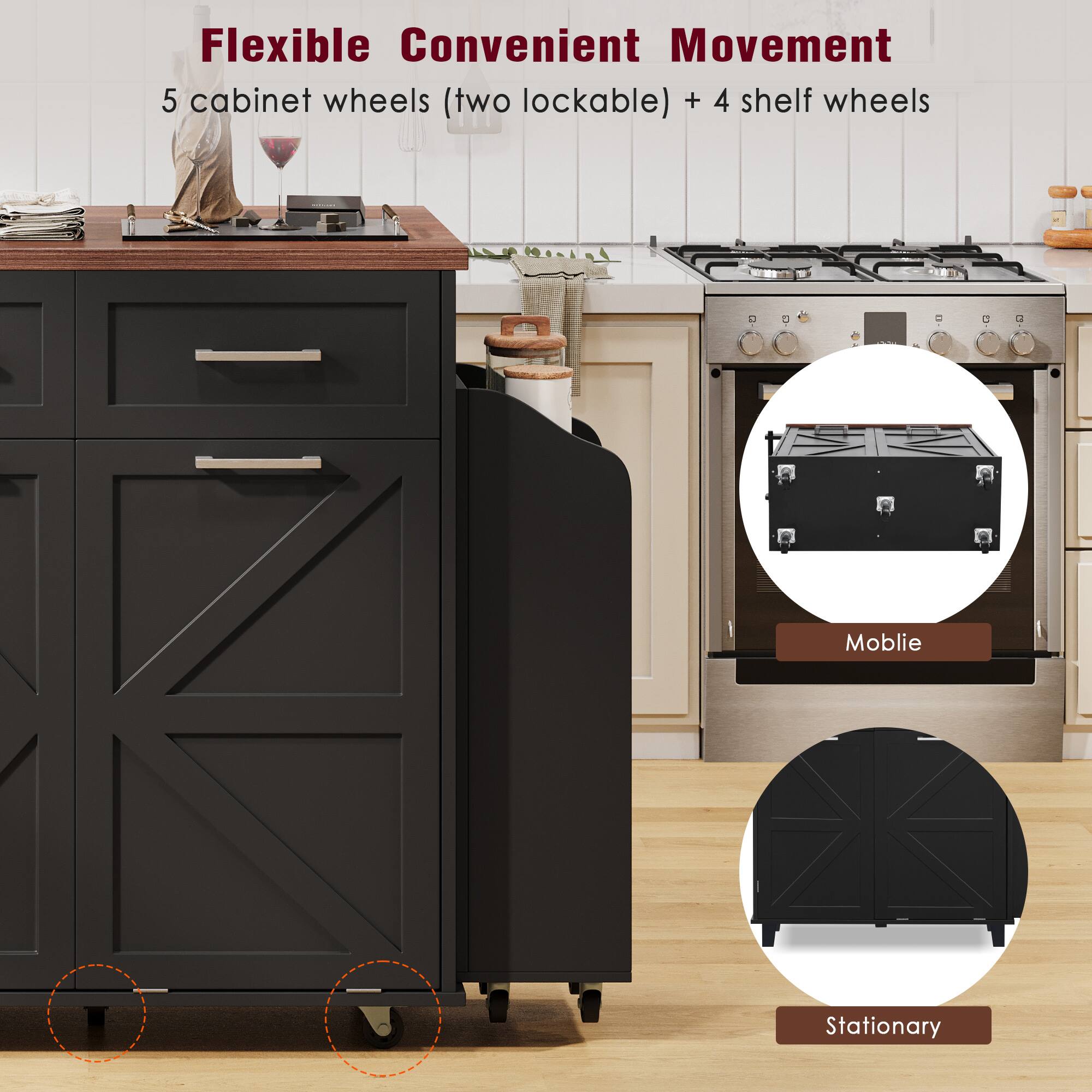 Flexible Convenient Movement  
5 cabinet wheels (two lockable) + 4 shelf wheels  

Mobile  
Stationary