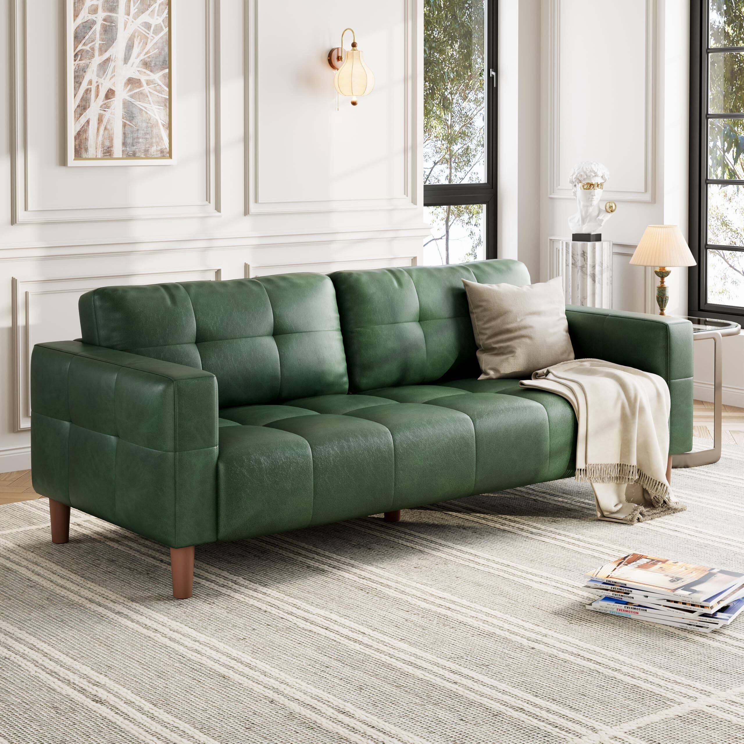 Alt View 6. Acekool - 3-Seater Sofa Couch, 83" Wide Faux Leather Sofa Couch with Spring Cushion, - Green.