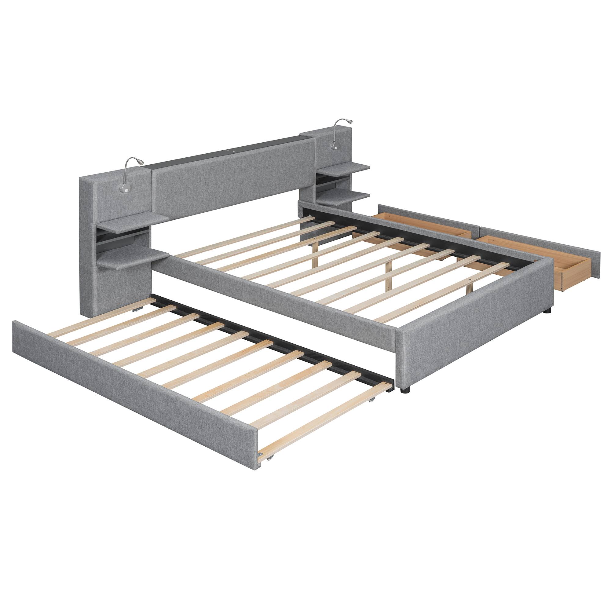 Alt View 9. Tiramisubest - Queen Size Upholstered Platform Bed with Reading Lights, Drawers, Trundle and Shelves, Gray - Gray.