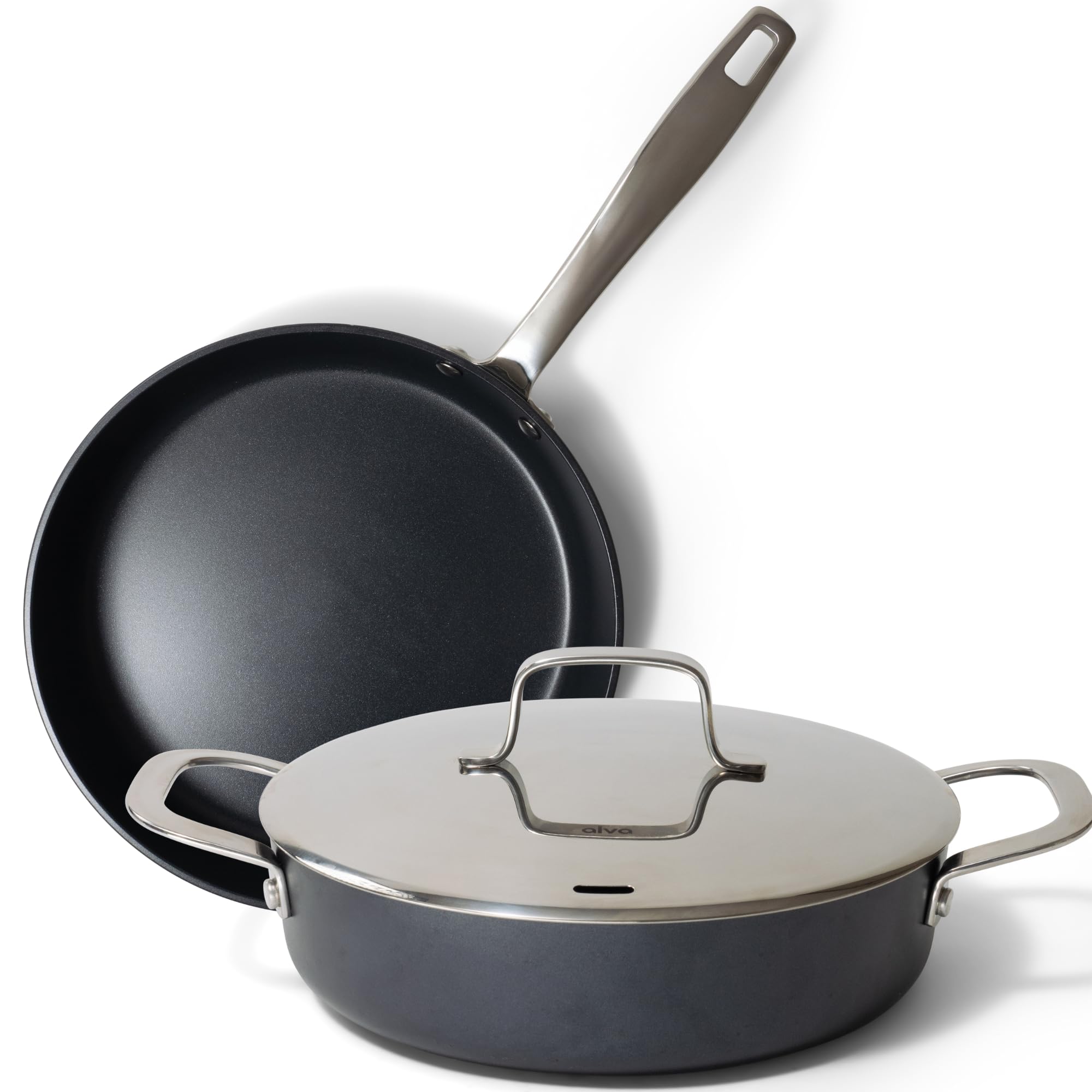 Front. Alva - Alva Maestro Cookware Set 3-Piece Set - Nonstick Ceramic Frying Pan and Saute Pan with Lid - Black.