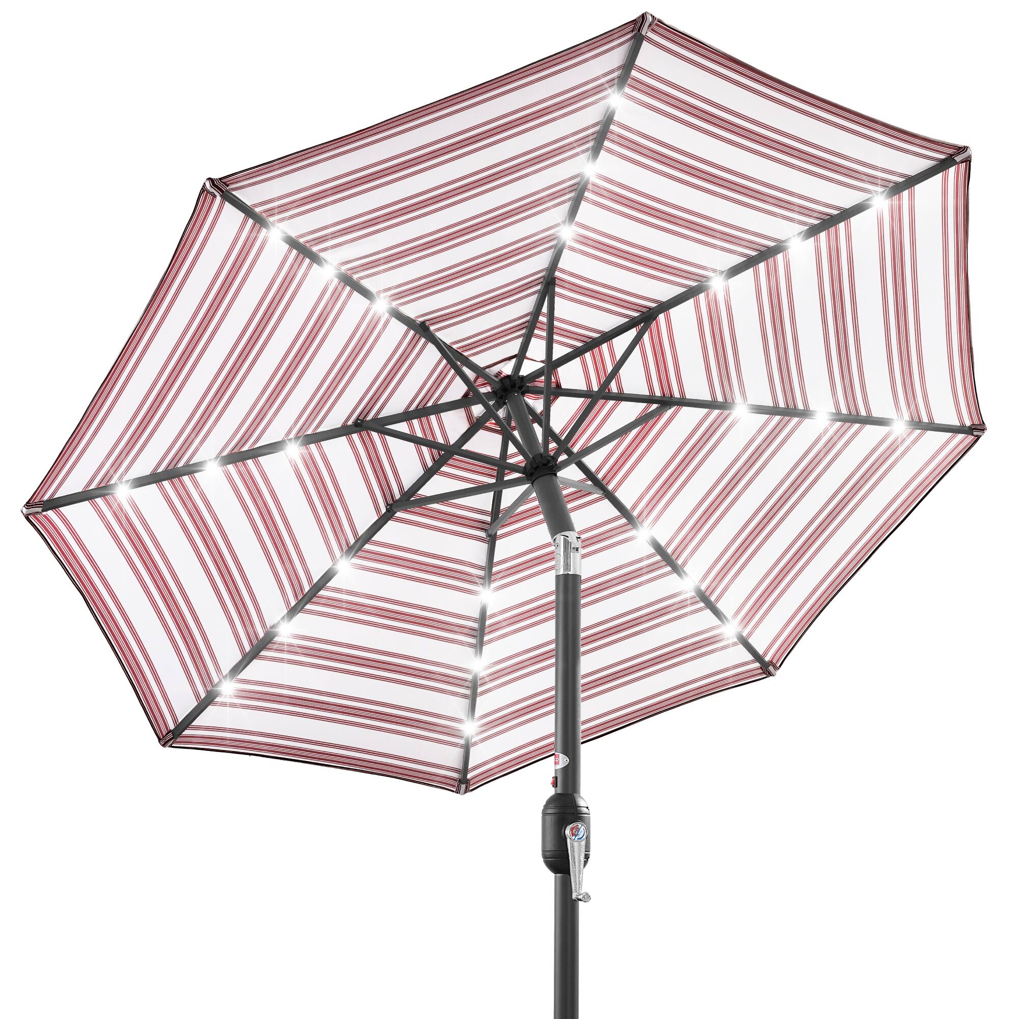 Front. Best Choice Products - Best Choice Products 10ft Solar LED Lighted Patio Umbrella w/ Tilt Adjustment, UV-Resistant Fabric - Burgundy - Striped Burgundy.