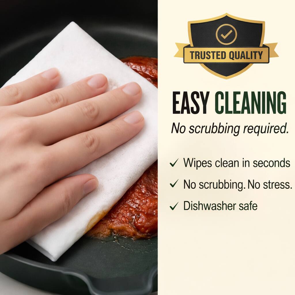 TRUSTED QUALITY

EASY CLEANING  
No scrubbing required.  
- Wipes clean in seconds  
- No scrubbing. No stress.  
- Dishwasher safe