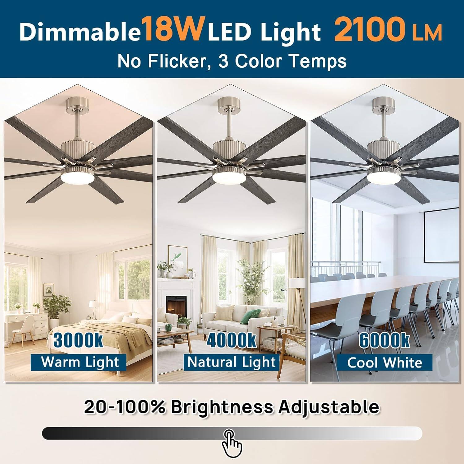 Dimmable 18W LED Light 2100 LM  
No Flicker, 3 Color Temps  
3000k Warm Light  
4000k Natural Light  
6000k Cool White  
20-100% Brightness Adjustable
