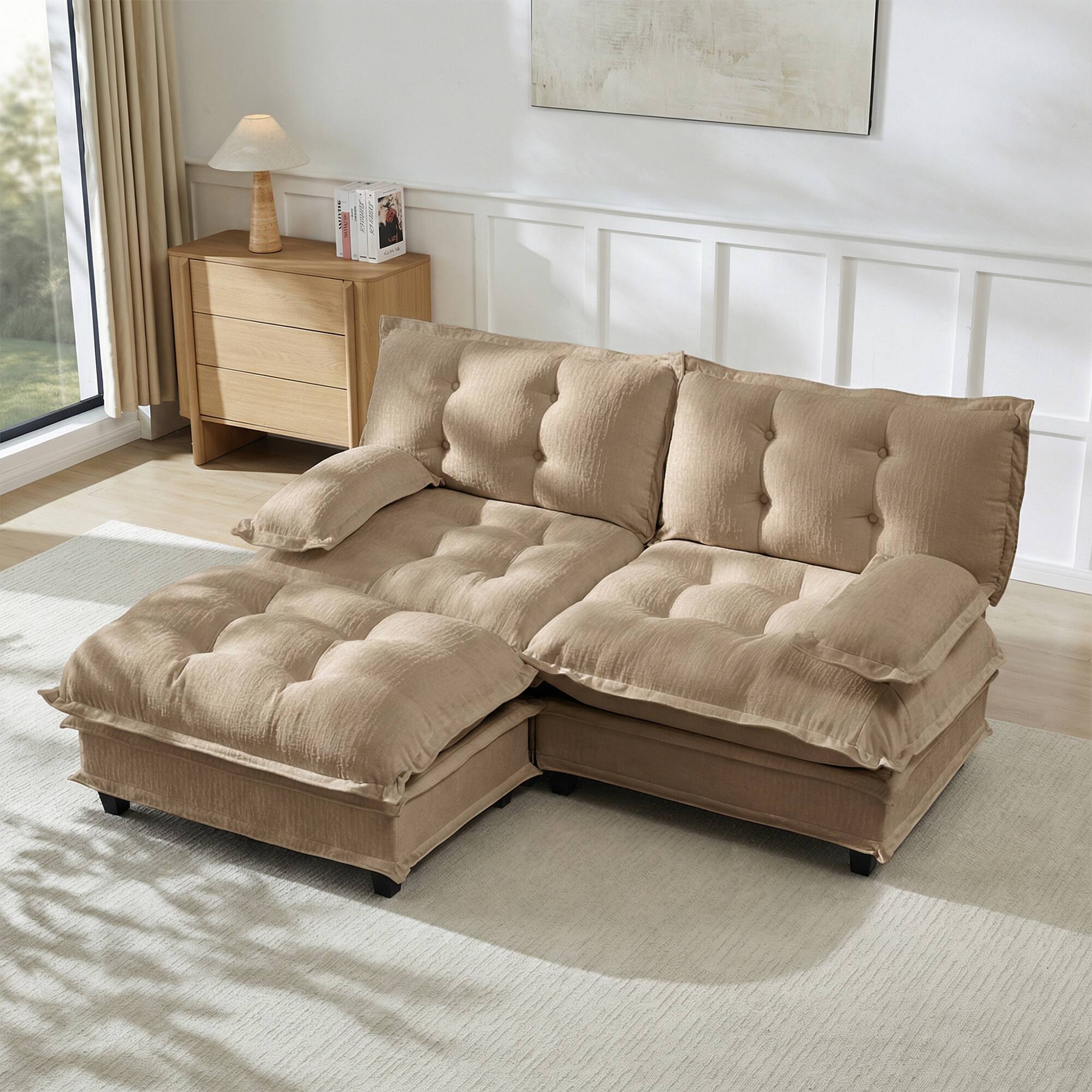 Front. Anysun - 77" L-Shape Chenille Cloud Sectional with Ottoman - 2-Seat Modular Sofa, Lattice-Decor Cushions, Deep Seating - Coffee.