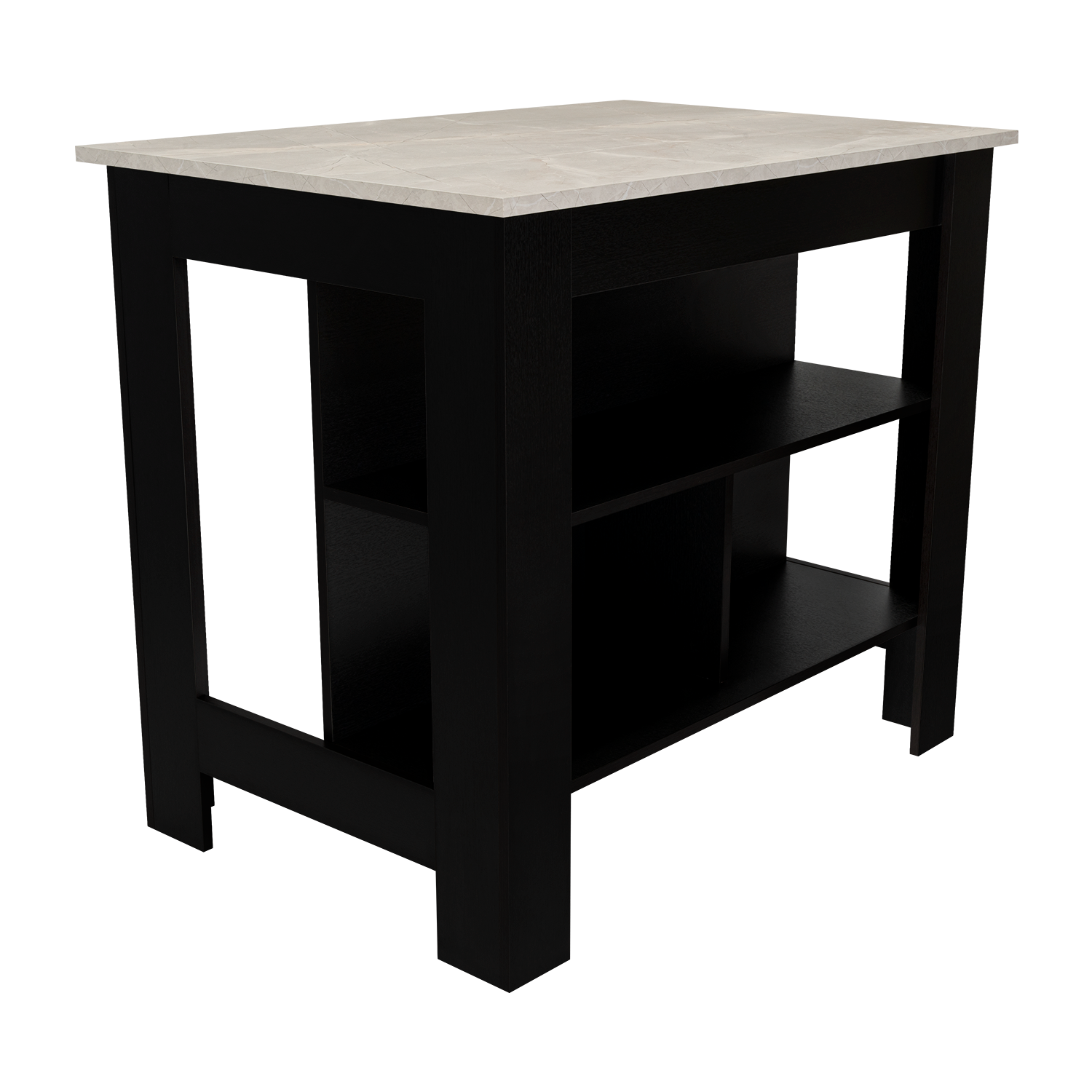 Back. TuHome - Cala Kitchen Island, Four Legs, Three Shelves, Black and Ibiza Marble - Black, Ibiza Marble.