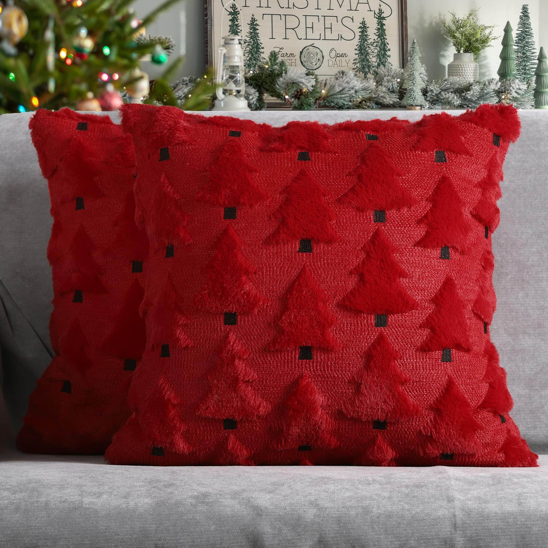 Stylel Star - 4TH Emotion Christmas Trees Decorative Pillow Covers 18x18 Set of 2, Beige Soft Plush Faux Fur Farmhouse Throw Cushio - Red Black