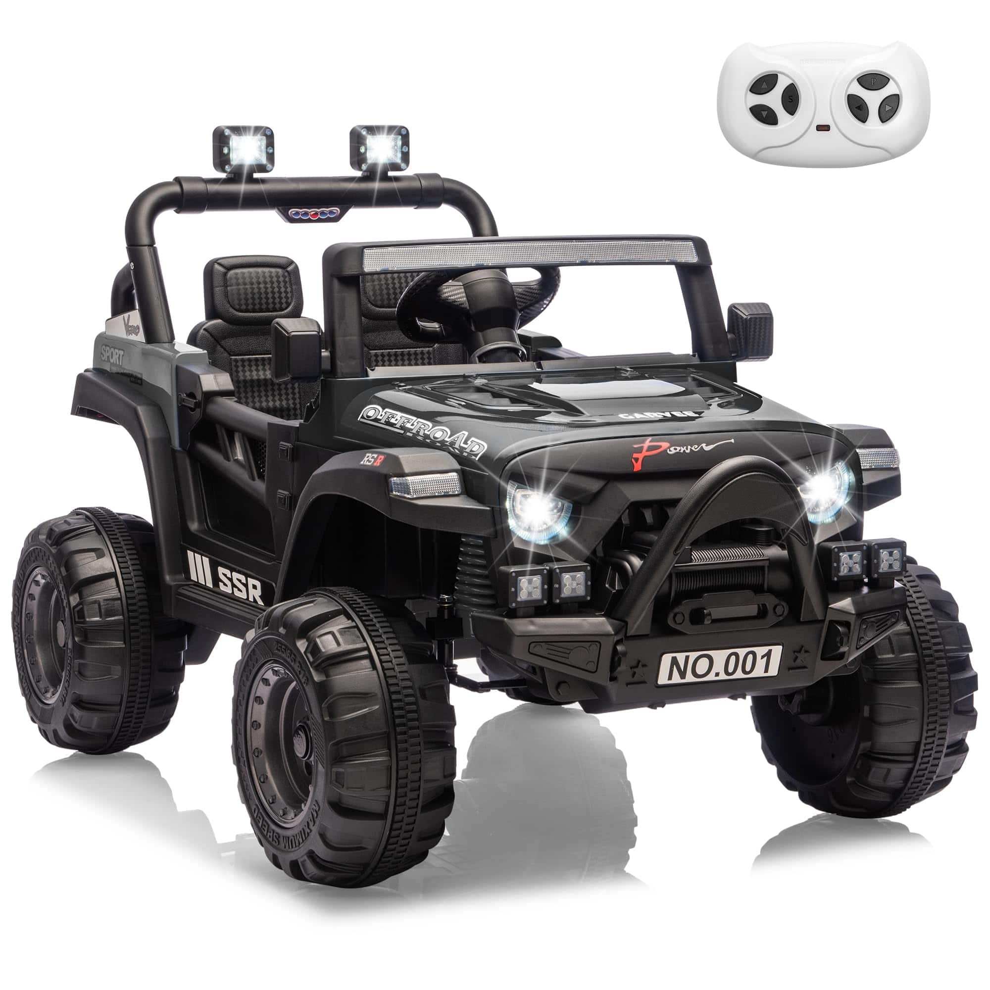 Qeetex - 12V Kids Ride-On Truck Car, Battery Powered Vehicles with Remote, Music, LED Lights, Suspension - Black