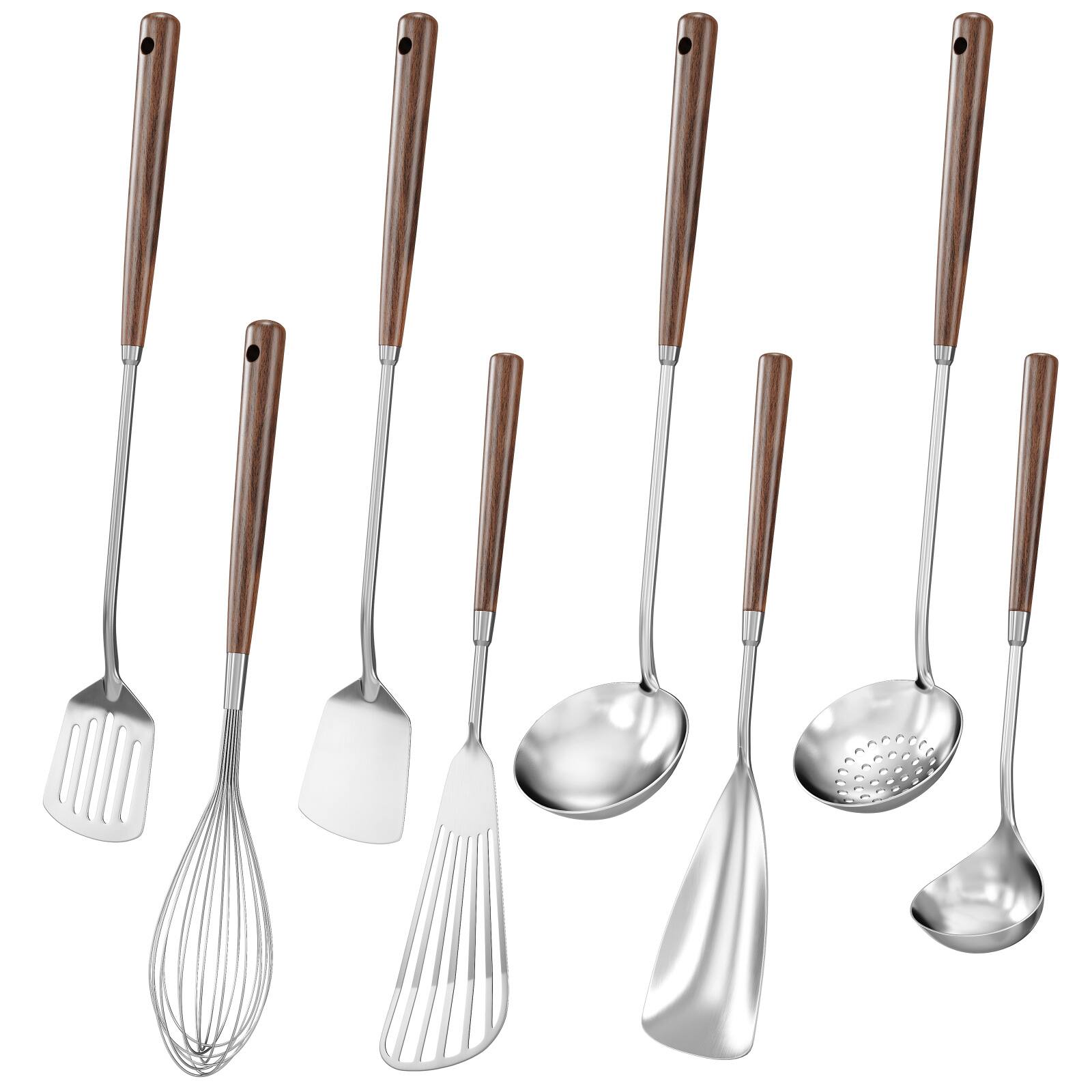 Alt View 8. Sugift - 8-Piece 304 Stainless Steel Cooking Utensil Set with Heat-Resistant Wooden Handles - Silver.