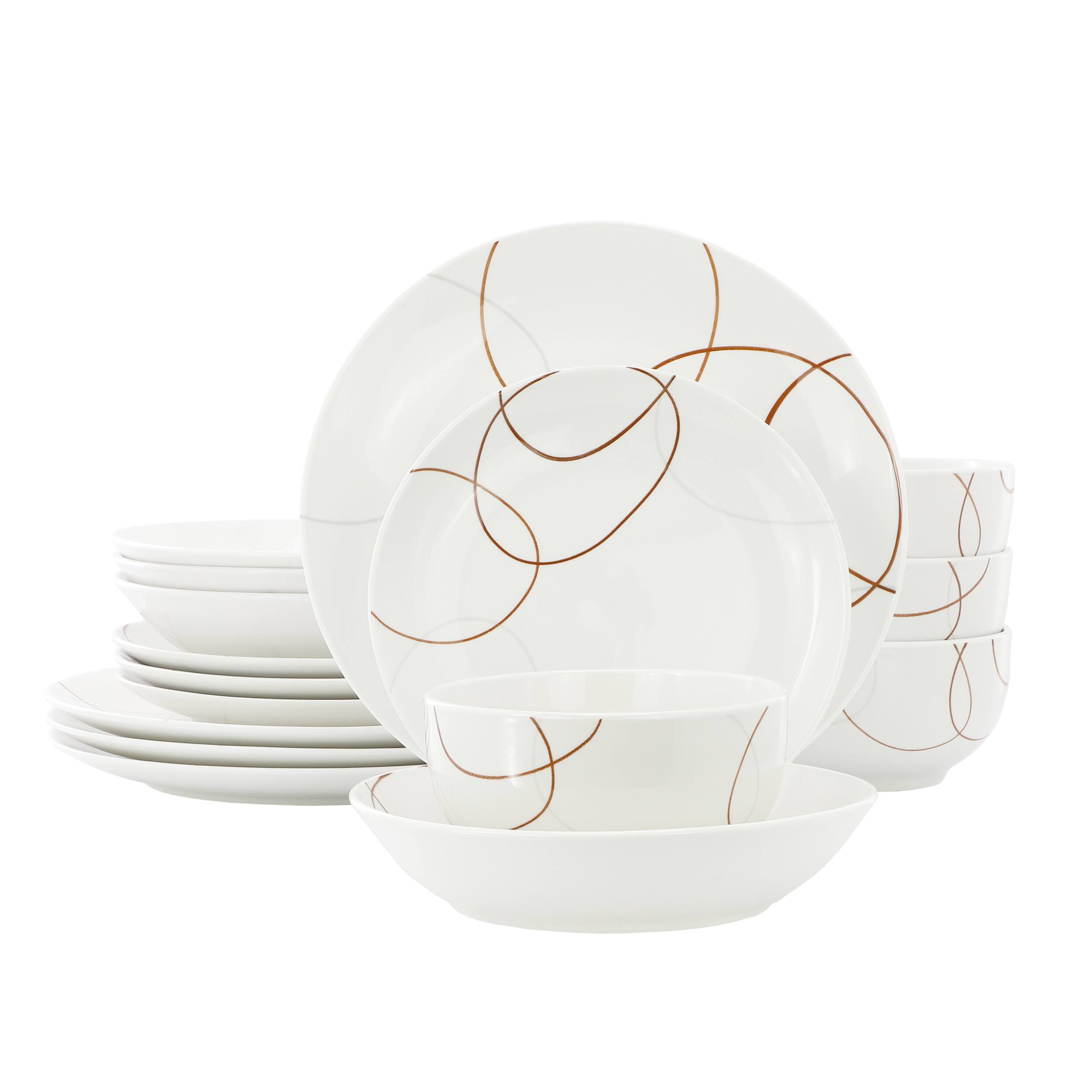 Front. Elama - Elama Sydney 16 Piece Porcelain Double Bowl Dinnerware Set, Service for 4 - White and Brown.