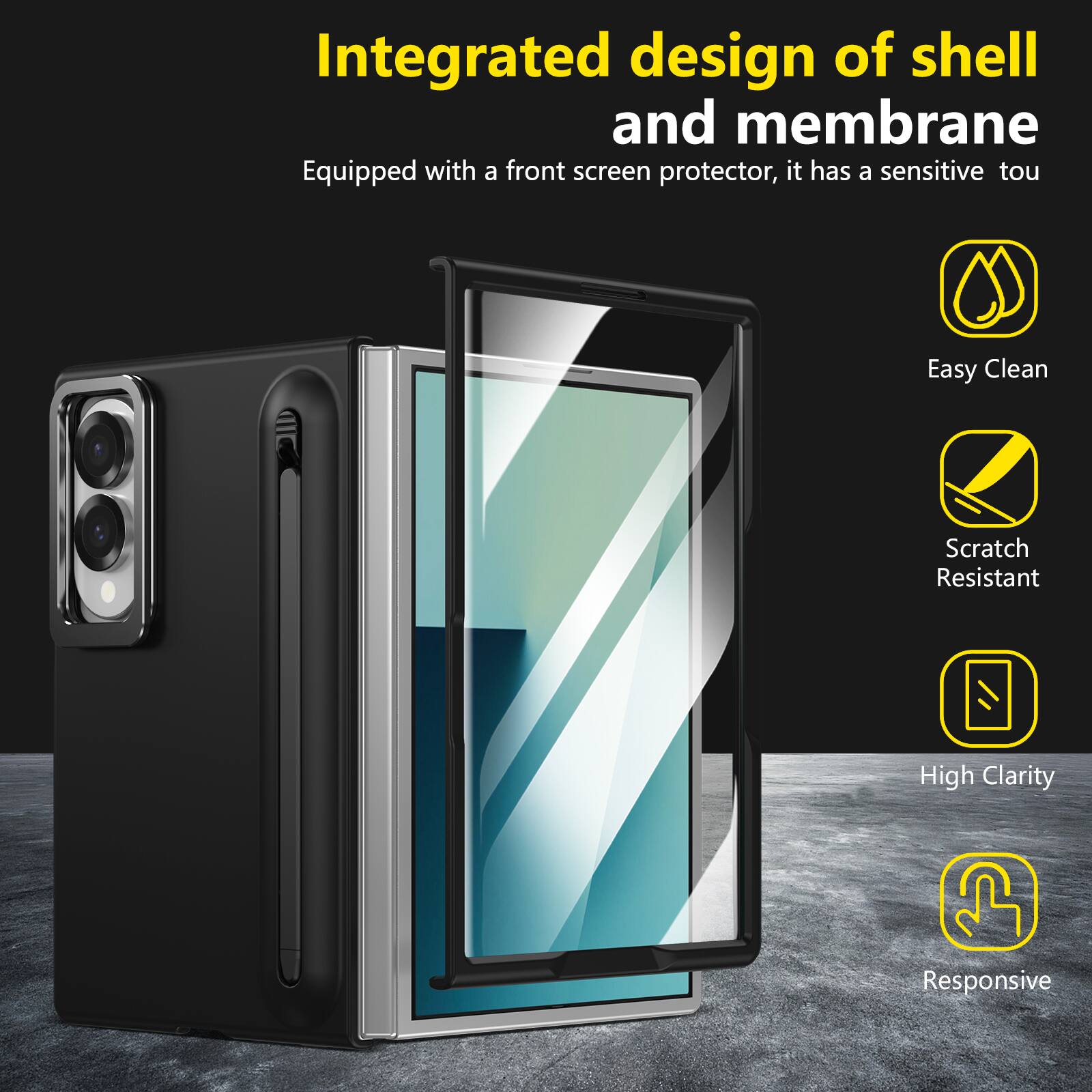 Integrated design of shell and membrane  
Equipped with a front screen protector, it has a sensitive touch  
Easy Clean  
Scratch Resistant  
High Clarity  
Responsive