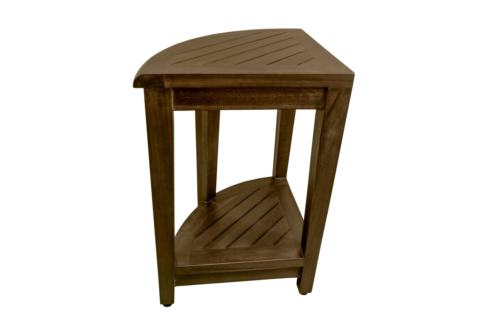 Angle. DecoTeak - DecoTeak® SnazzyCorner® 18" Teak Wood Wide Corner Shower Bench with Shelf in Woodland Brown Finish - Woodland Brown.