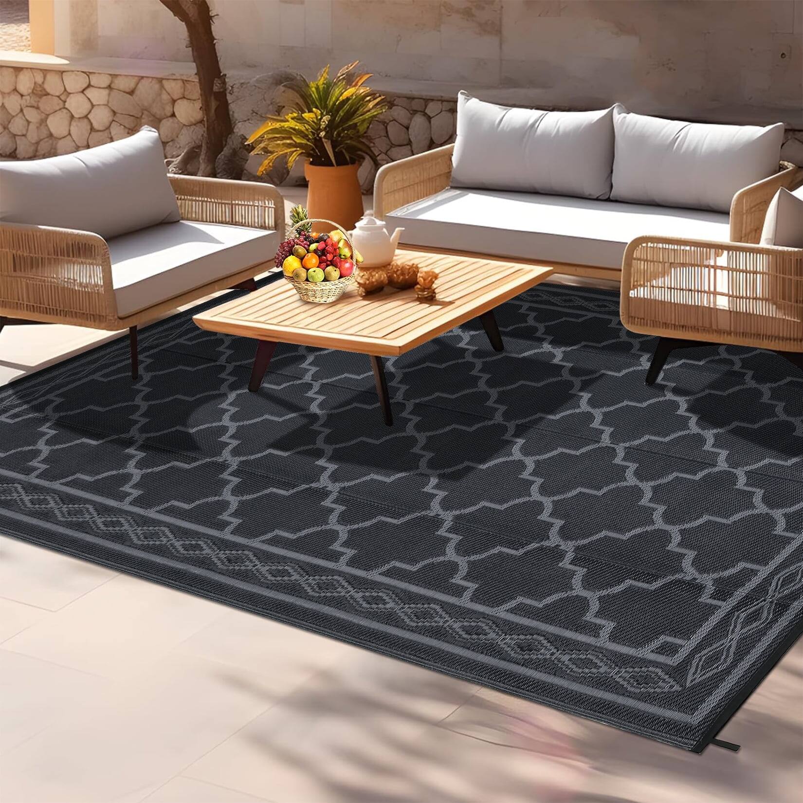 Alt View 2. Homhougo - 10x20 Waterproof Reversible Plastic Straw Outdoor Rug for Patios Camping RV Deck Backyard Balcony Beach Black and Gray - Black and Gray.