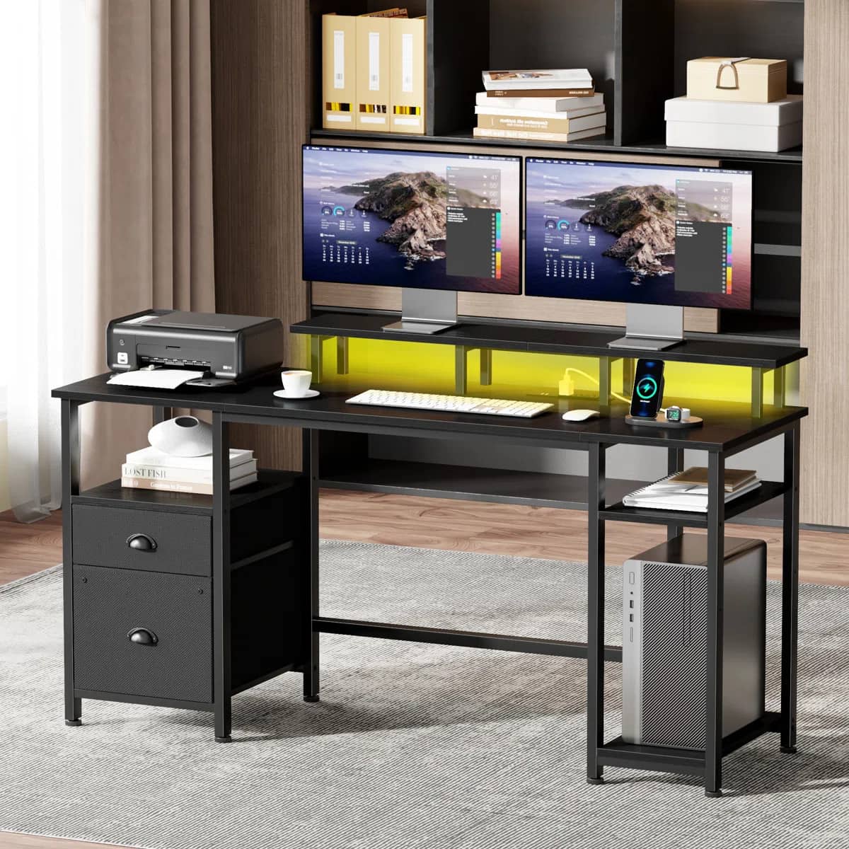 Furnulem - 61 In Computer Desk With Led Lights And Power Outlets Gaming Desk With Monitor Stand for Home Office Writing Desk - Black