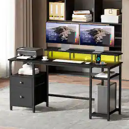 Furnulem - 61 In Computer Desk With Led Lights And Power Outlets Gaming Desk With Monitor Stand for Home Office Writing Desk - Black