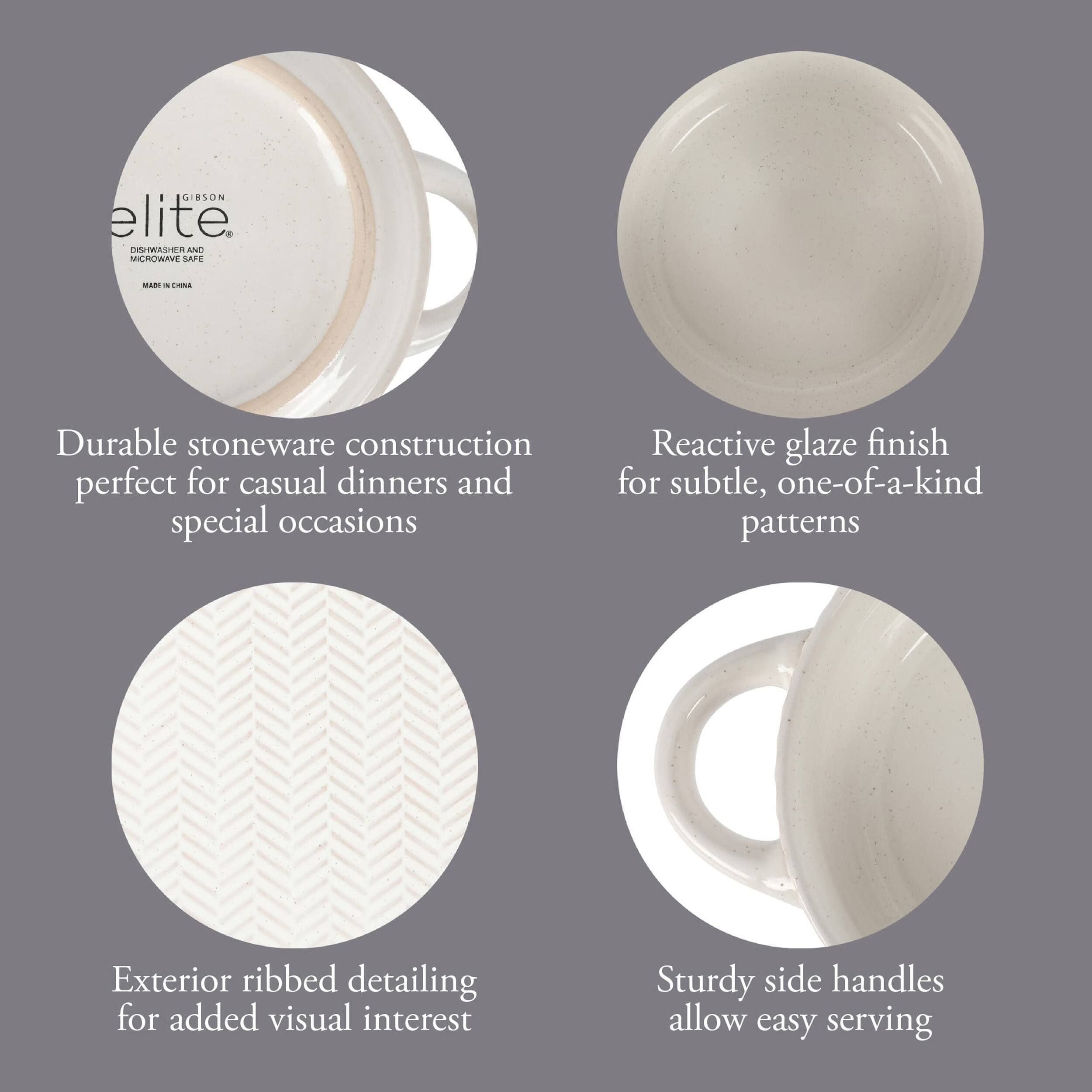 GIBSON elite. DISHWASHER AND MICROWAVE SAFE - Durable stoneware construction perfect for casual dinners and special occasions. Reactive glaze finish for subtle, one-of-a-kind patterns. Exterior ribbed detailing for added visual interest. Sturdy side handles allow easy serving.