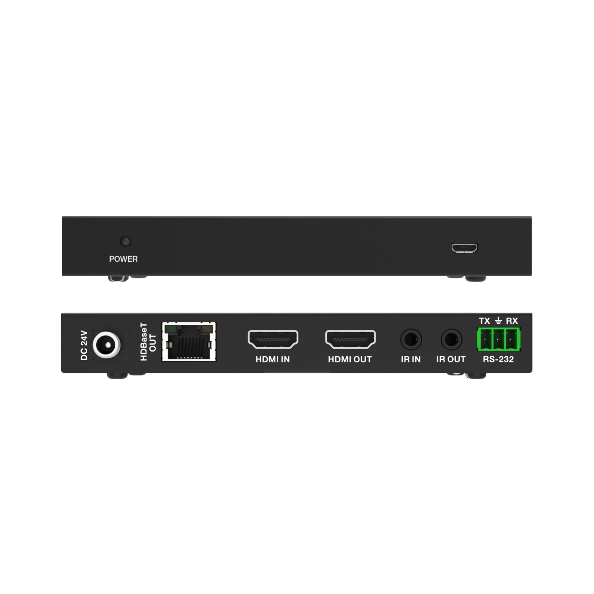 POWER, 24V DC, HDBaseT OUT, HDMI IN, HDMI OUT, IR IN, IR OUT, TX RX, RS-232