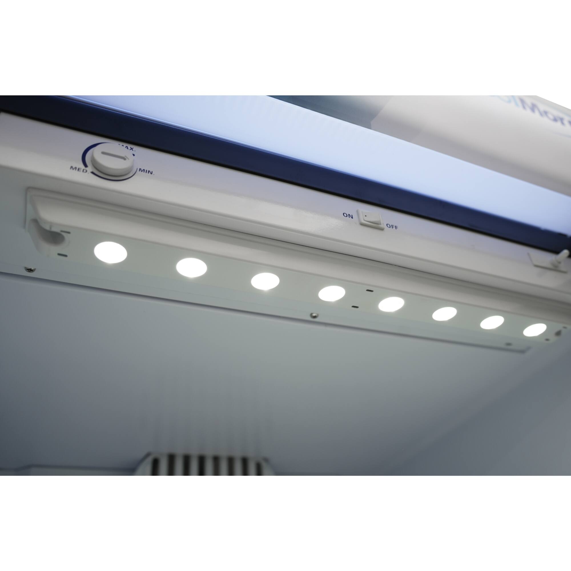 The text on the image reads "Mor MED MIN ON OFF," which can be grouped as follows:

"Mor" is a prefix, "MED" is a setting, "MIN" is a setting, and "ON OFF" are buttons to control the settings.