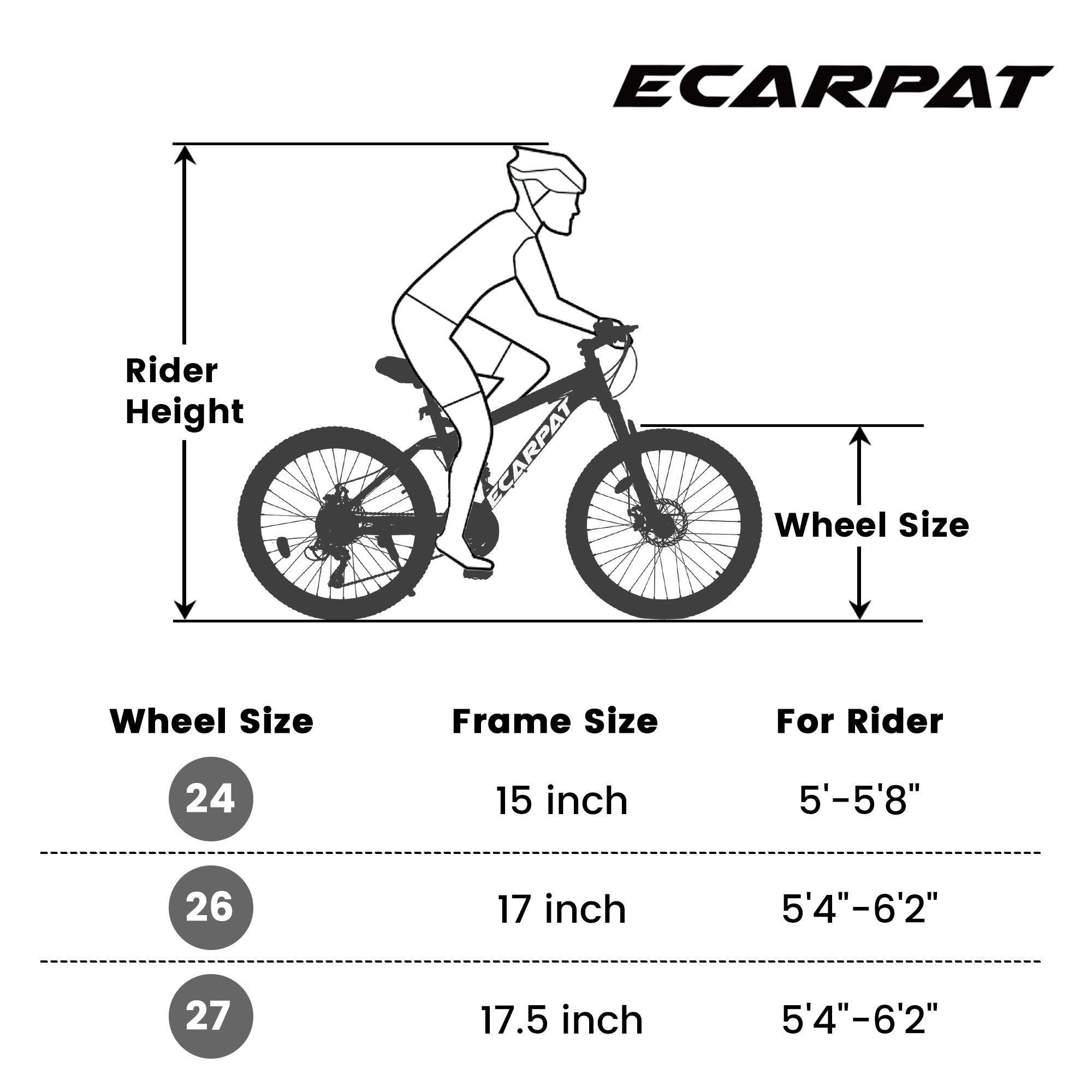 ECARPAT Rider Height ECARPAT Wheel Size Frame Size For Rider  
24 15 inch 5'-5'8"  
26 17 inch 5'4"-6'2"  
27 17.5 inch 5'4"-6'2"