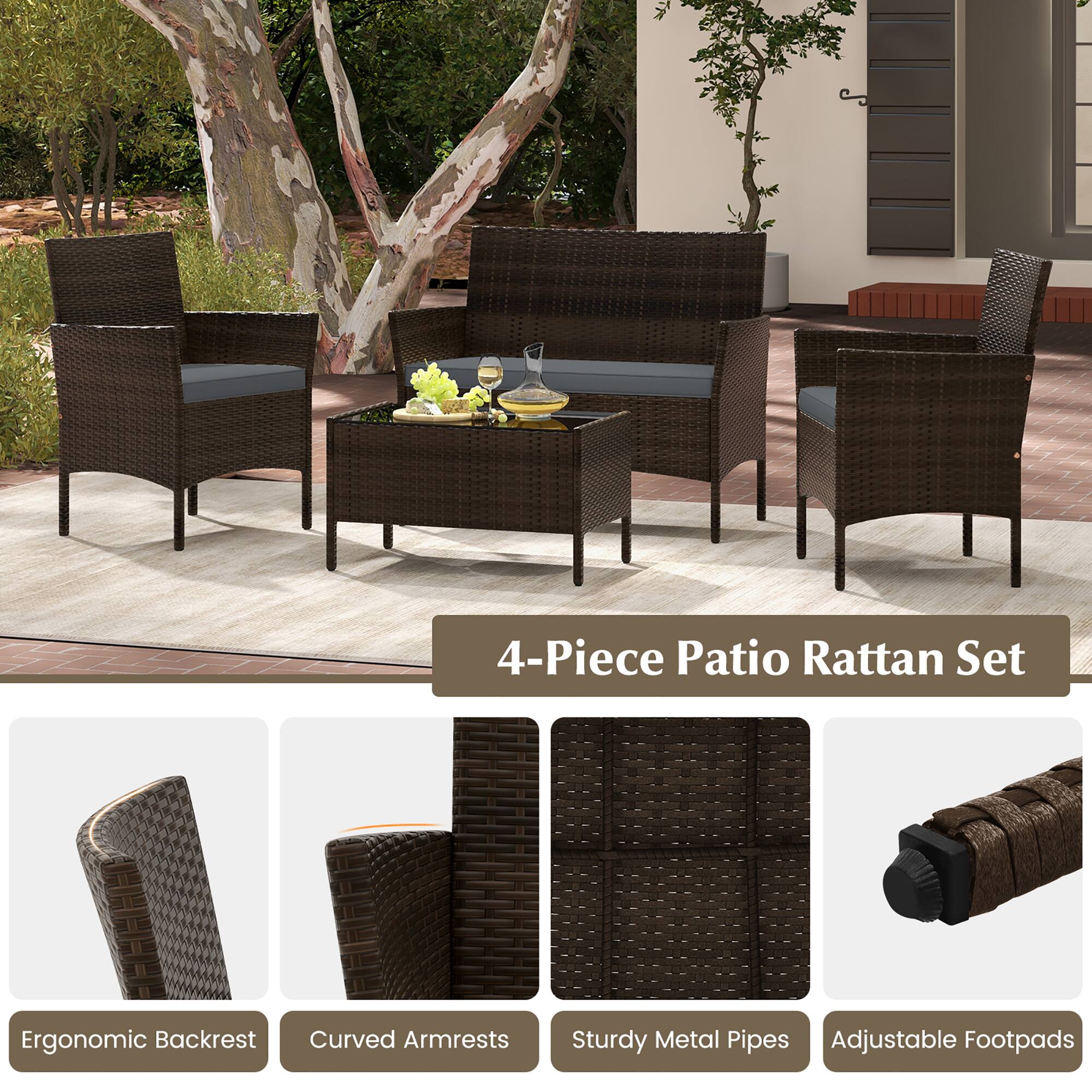 4-Piece Patio Rattan Set
Ergonomic Backrest
Curved Armrests
Sturdy Metal Pipes
Adjustable Footpads