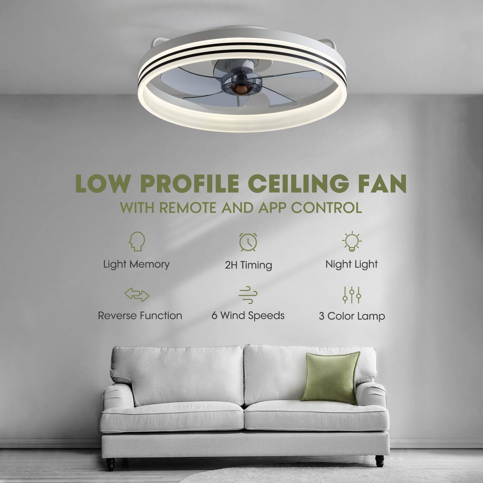 LOW PROFILE CEILING FAN  
WITH REMOTE AND APP CONTROL  

- Light Memory  
- 2H Timing  
- Night Light  
- Reverse Function  
- 6 Wind Speeds  
- 3 Color Lamp