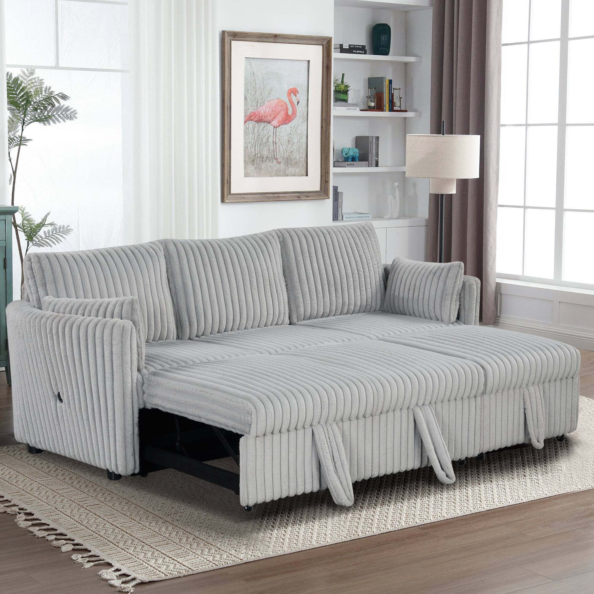 Back. Vaczon - 3‑Seat Sleeper Sectional Sofa with Pull-Out Bed, USB Charging & 2 Pillows Convertible Sofa for Living Room, Apartment - Gray.