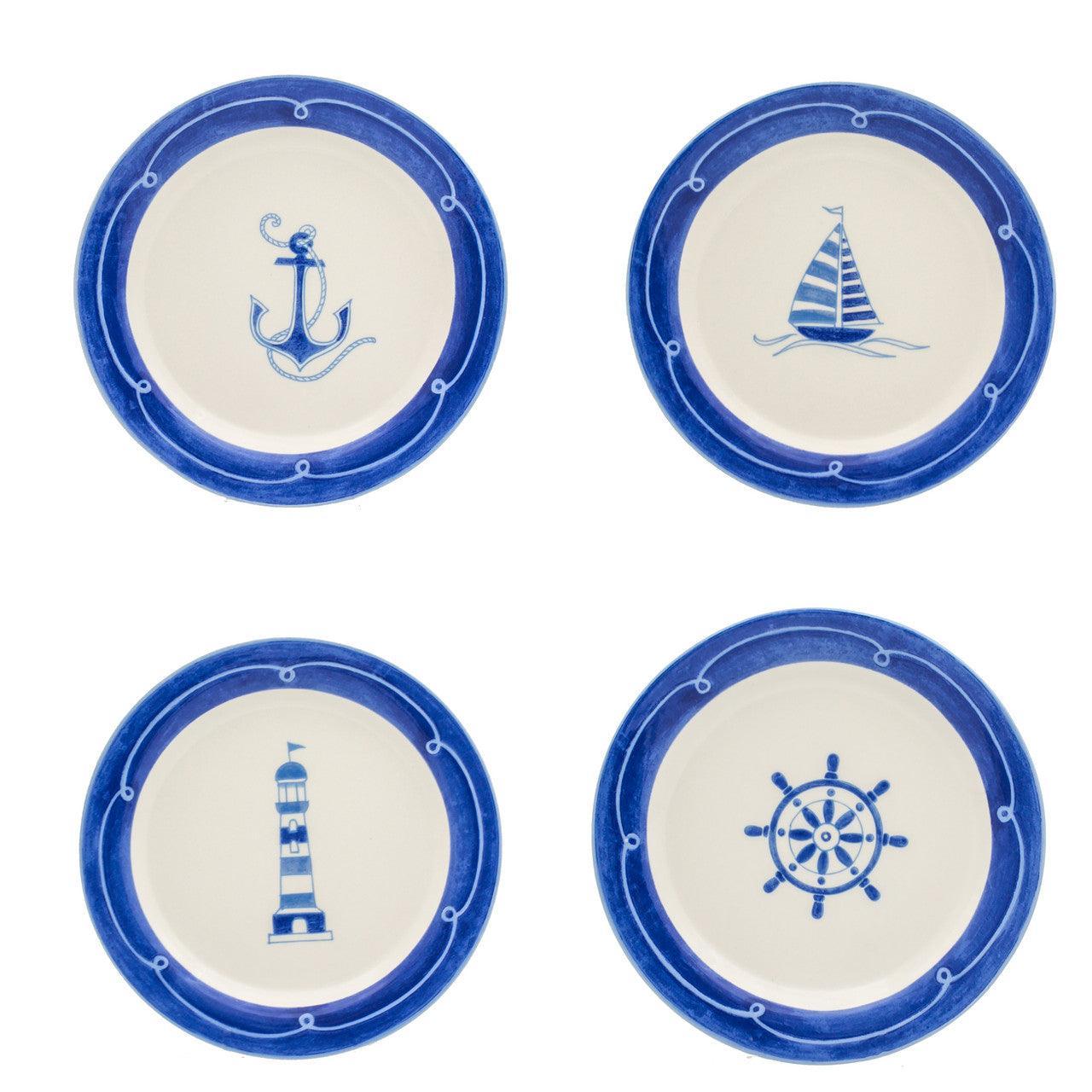 Angle. Euro Ceramica Home - Ahoy Assorted Salad Plates Set of 4 - Stoneware, Microwave and Dishwasher Safe - Blue / White.