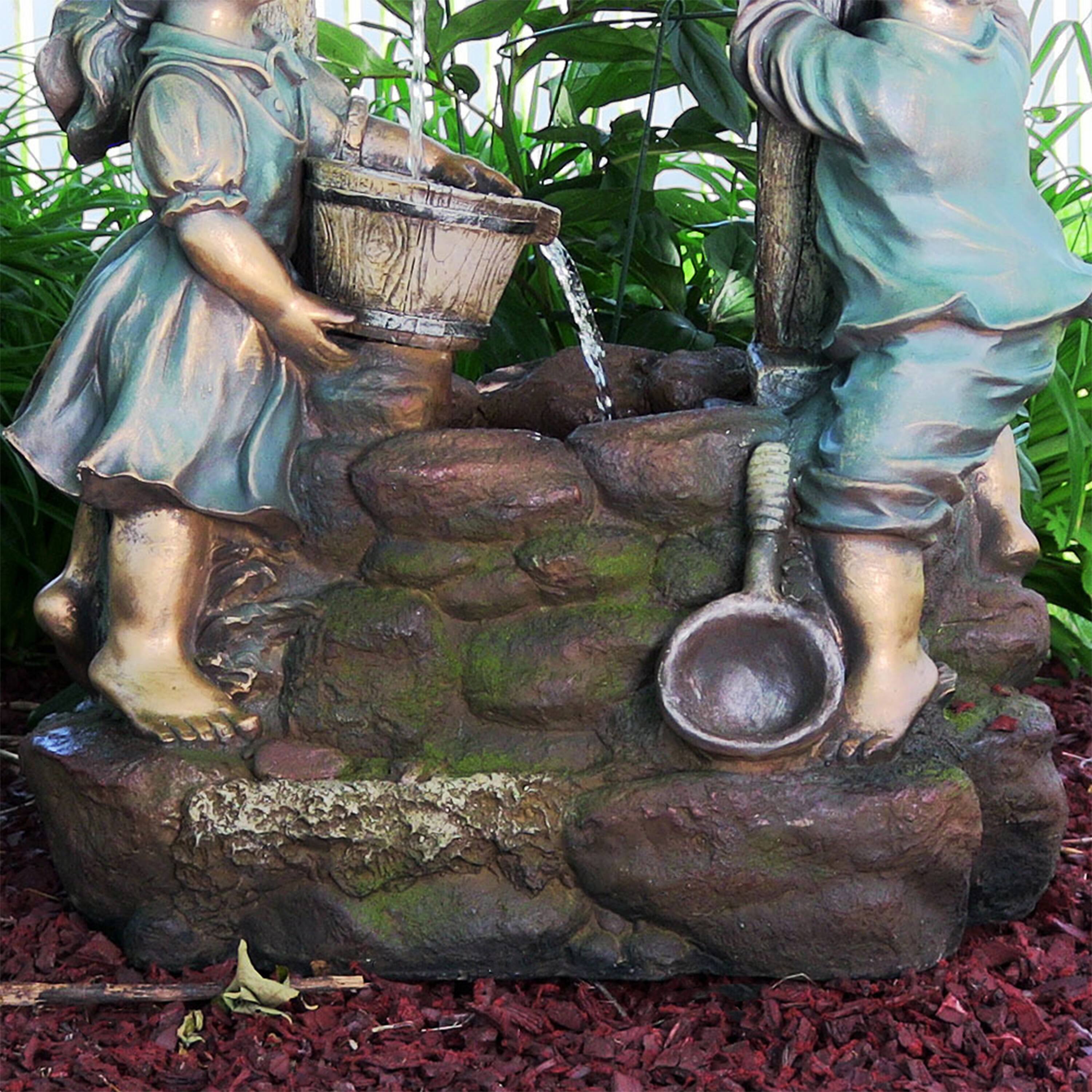 Alt View 5. Sunnydaze - Children at the Well Water Fountain with LED Lights - 39 in - Brown.