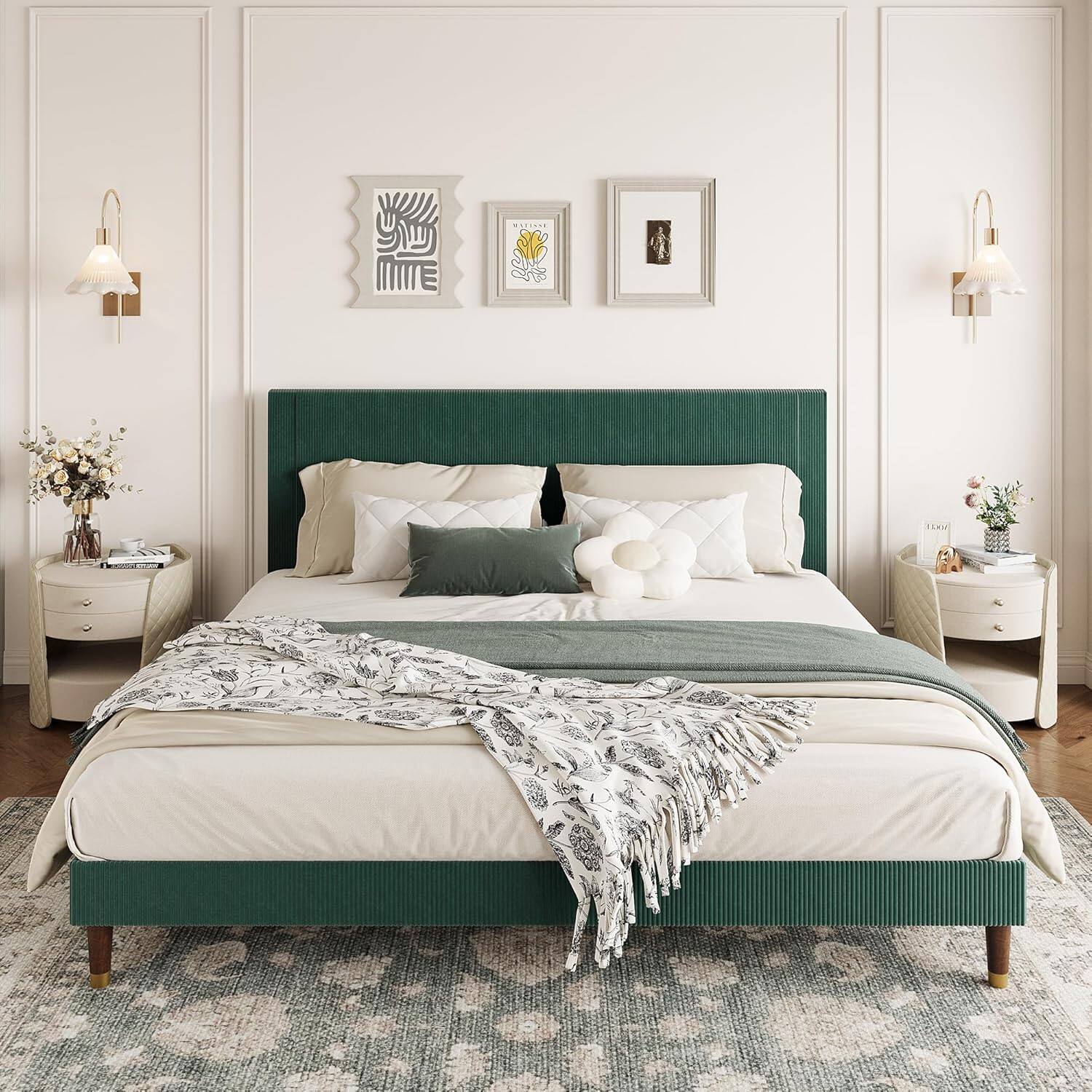 Alt View 2. Acekool - King Size Upholstered Platform Bed Frame, Modern Fabric Headboard, Metal & Wood Support, Green, No Box Spring - Green.