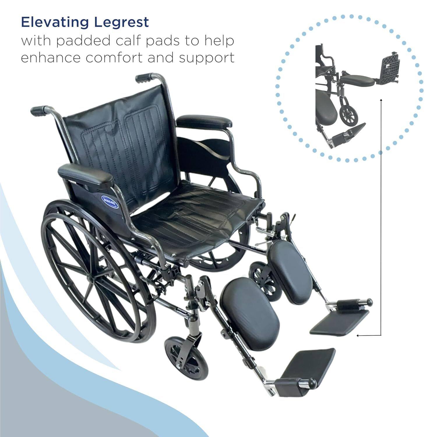 Elevating Legrest with padded calf pads to help enhance comfort and support