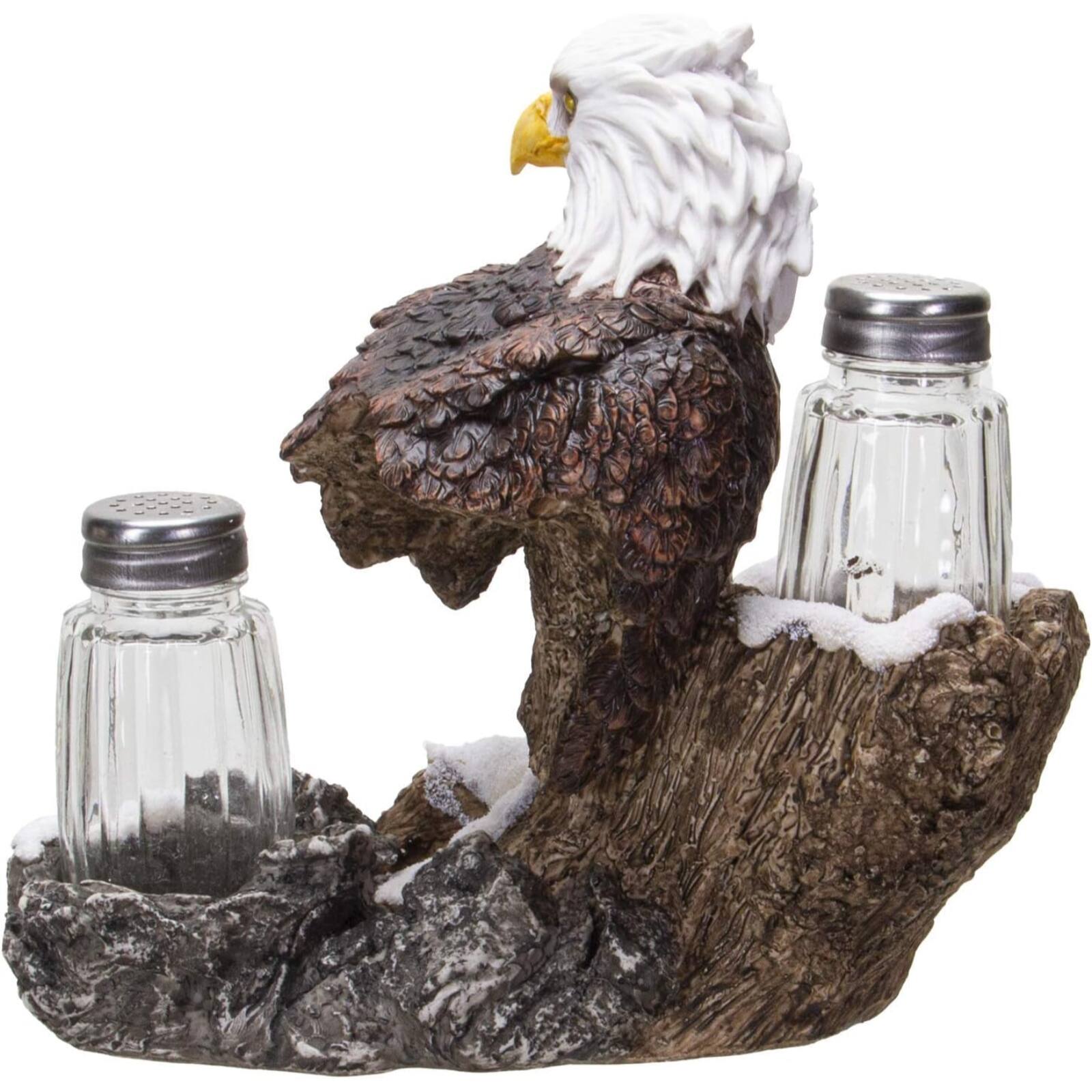 Left. Pacific Trading - American Bald Sea Eagle Spiritual Realistic Decorative Glass Salt and Pepper Shakers Set with Resin Holder Stand - Multicolor.