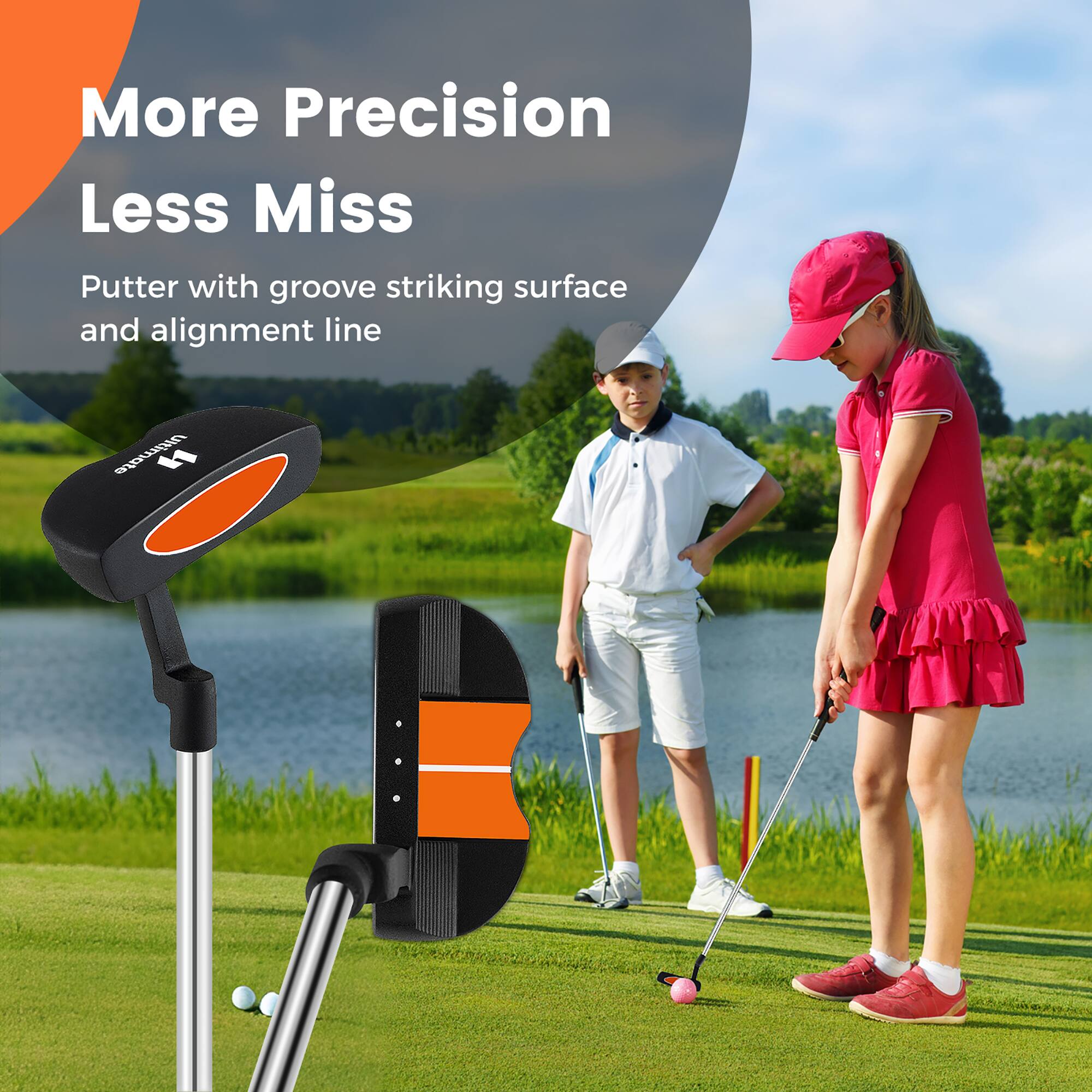 More Precision  
Less Miss  

Putter with groove striking surface and alignment line