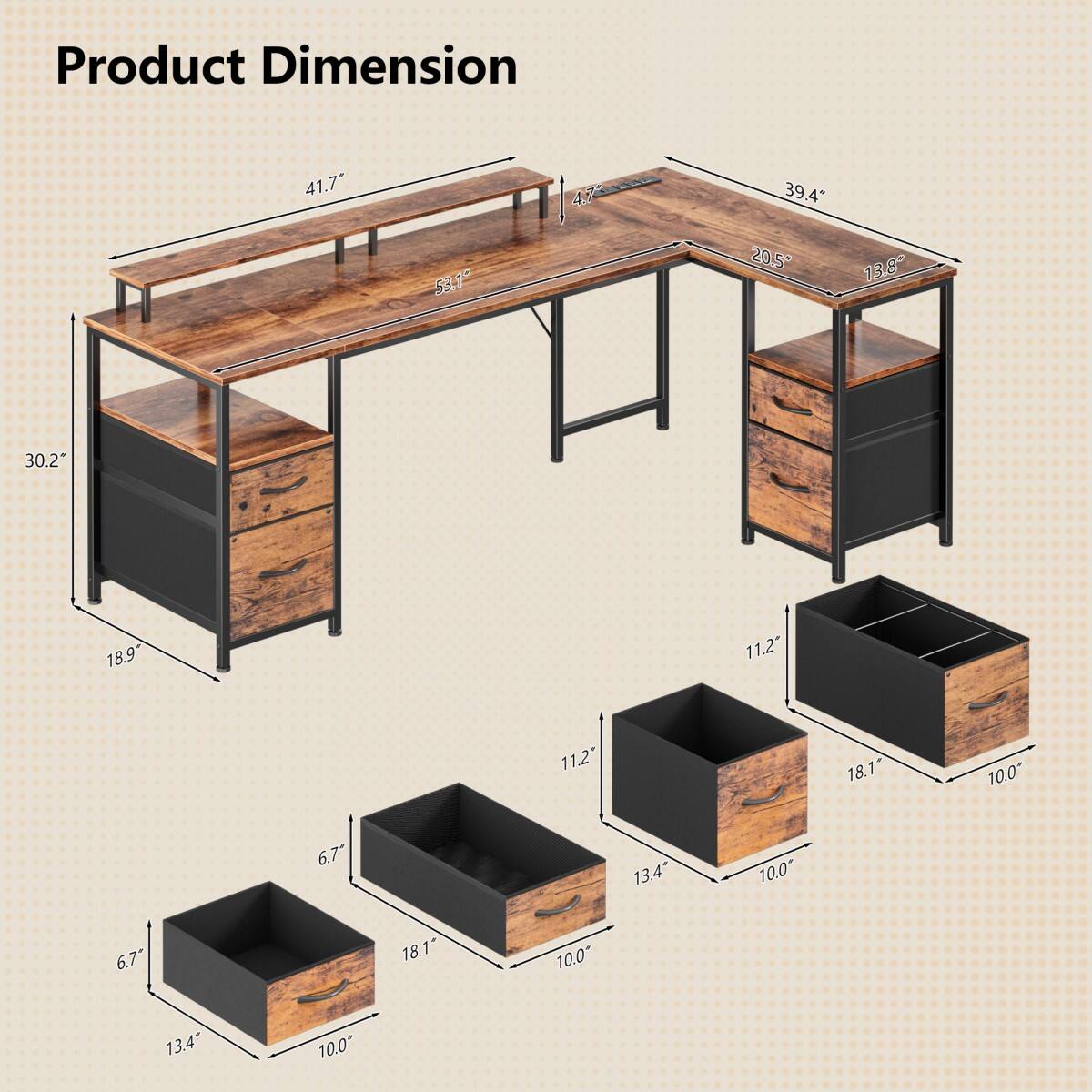 Furnulem L Shaped Computer Desk with File Drawers Power Outlets LED ...