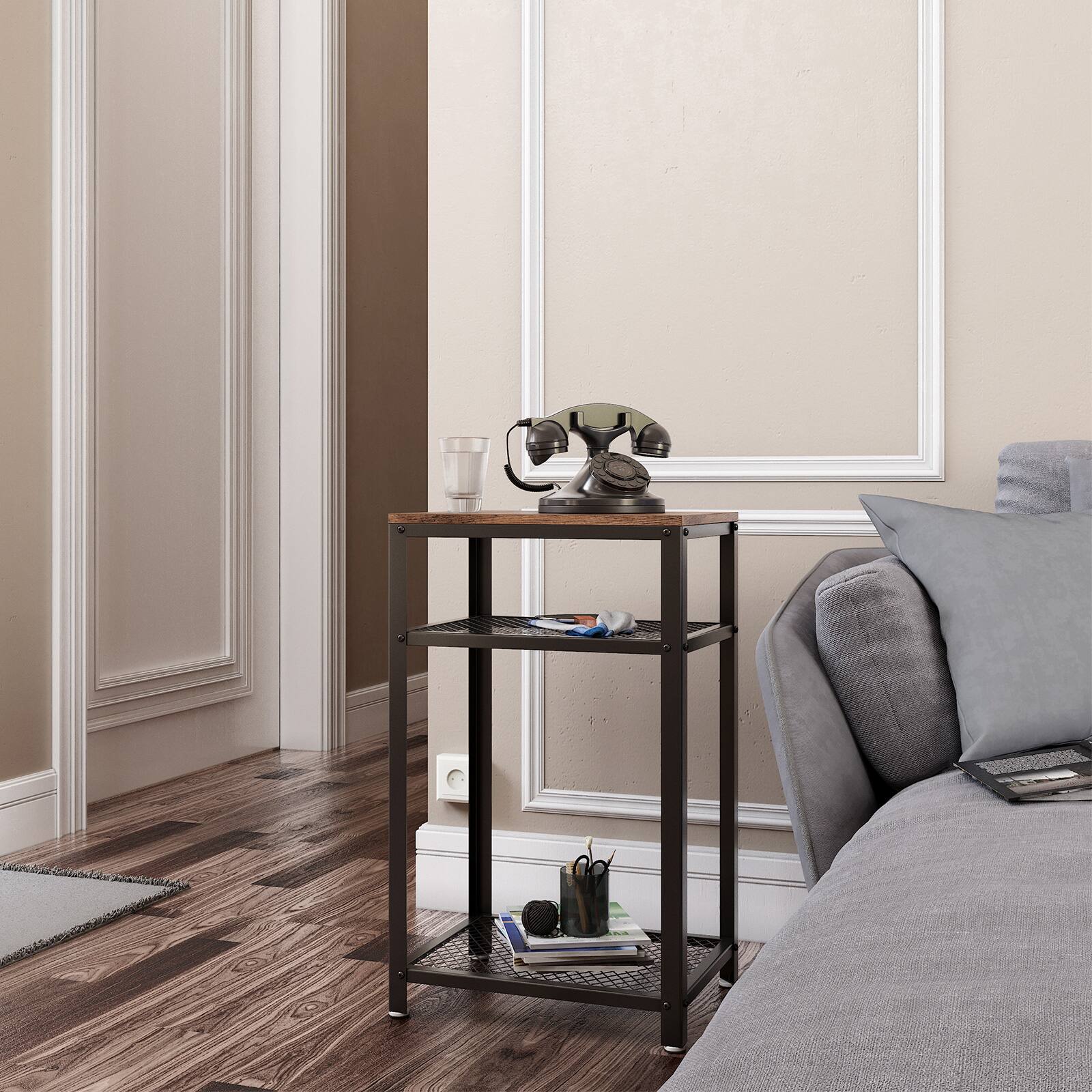 Angle. Songmics Home - 3-Tier Tall Side Table, Small Telephone End Table Stand with 2 Mesh Storage Shelves for Office, Bedroom, Living Room - Rustic Brown and.