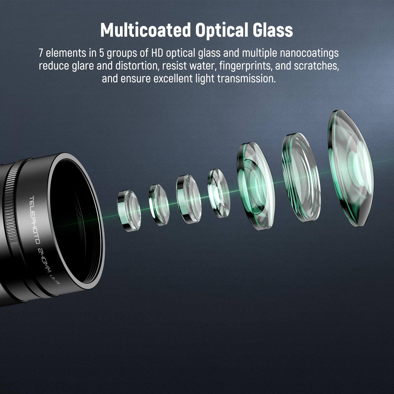 Multicoated Optical Glass

7 elements in 5 groups of HD optical glass and multiple nanocoatings reduce glare and distortion, resist water, fingerprints, and scratches, and ensure excellent light transmission.