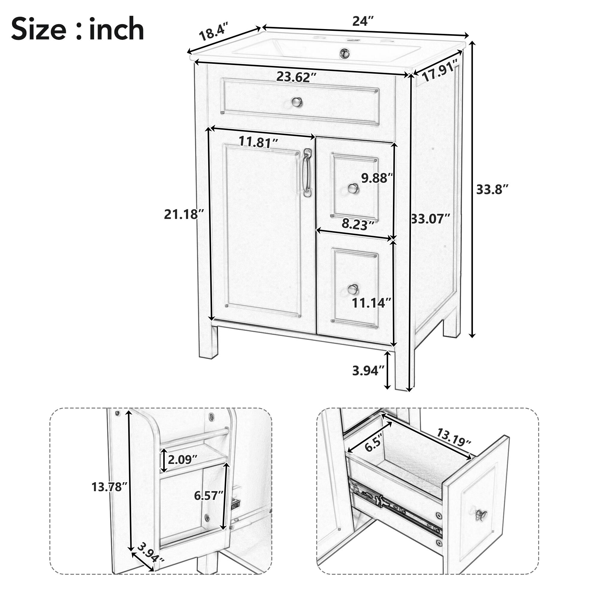 Size: inch

- 18.4"
- 23.62"
- 24"
- 17.91"
- 11.81"
- 9.88"
- 33.8"
- 21.18"
- 8.23"
- 33.07"
- 11.14"
- 3.94"
- 13.78"
- 12.09"
- 2.09"
- 6.57"
- 6.5"
- 13.19"
- 3.94"