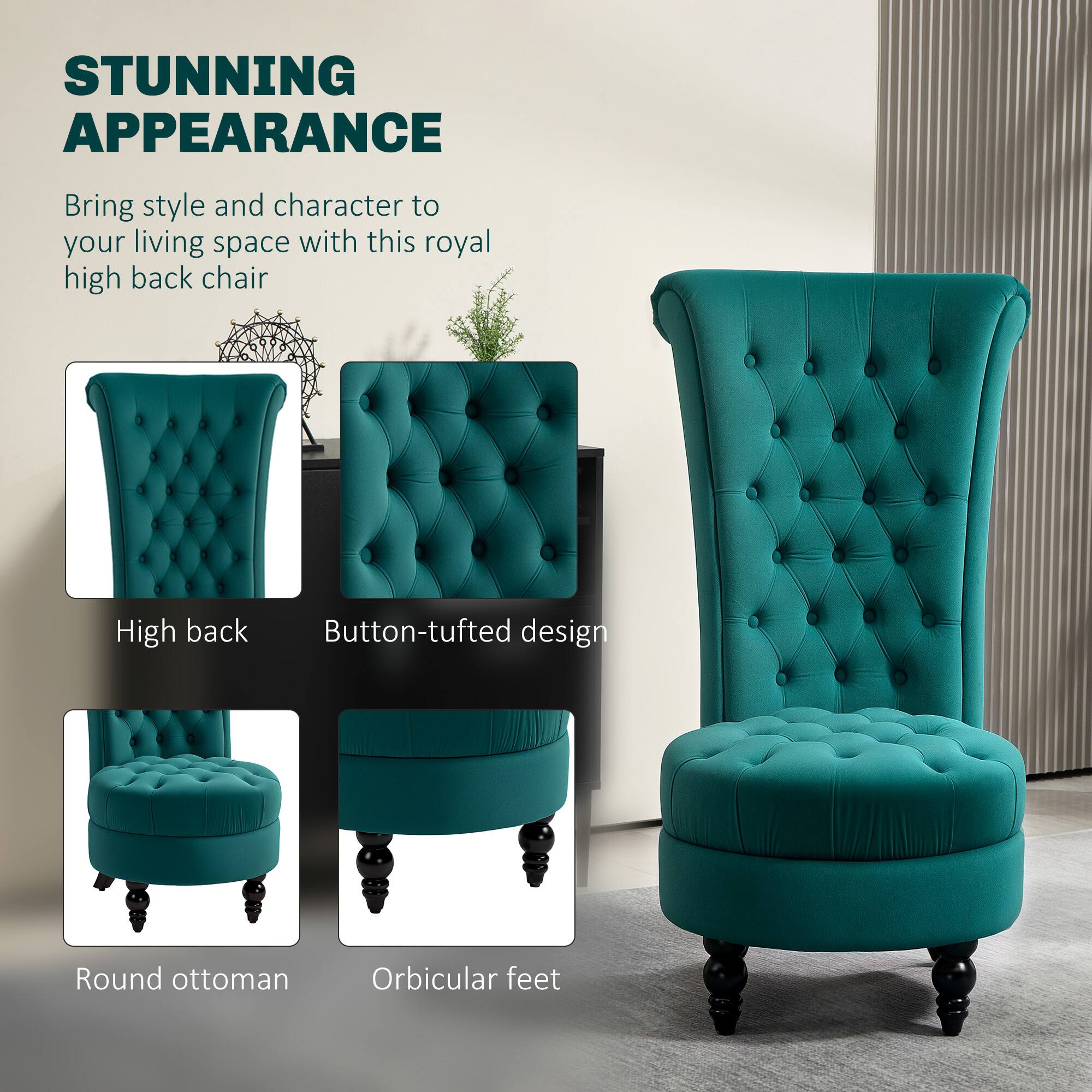 STUNNING APPEARANCE

Bring style and character to your living space with this royal high back chair

- High back
- Button-tufted design
- Round ottoman
- Orbicular feet