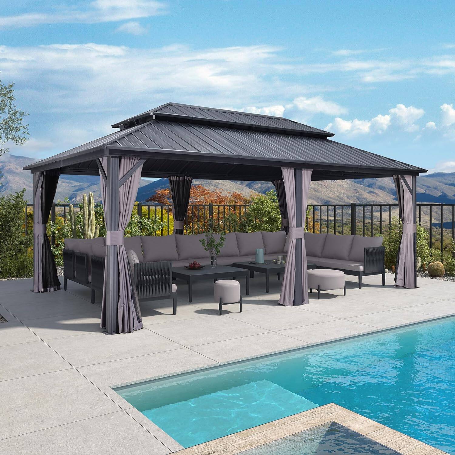 Alt View 2. PURPLE LEAF - 12 X 20 FT Outdoor Aluminum Hardtop Gazebo with Galvanized Steel Double Roof for Patio Deck with Netting and Curtains - 12' X 20'.