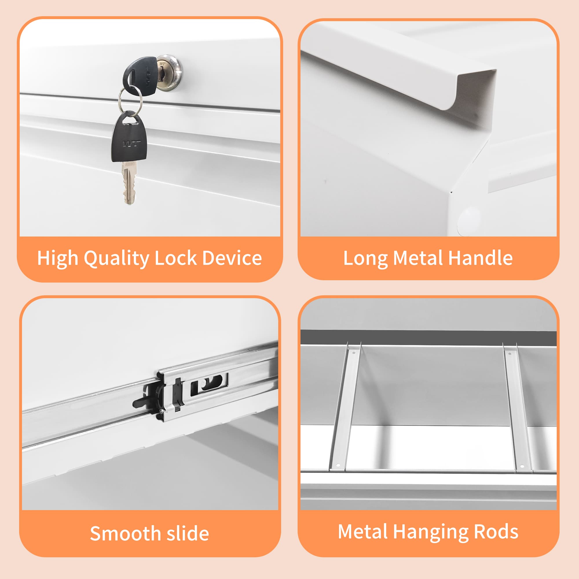 High Quality Lock Device  
Long Metal Handle  
Smooth slide  
Metal Hanging Rods