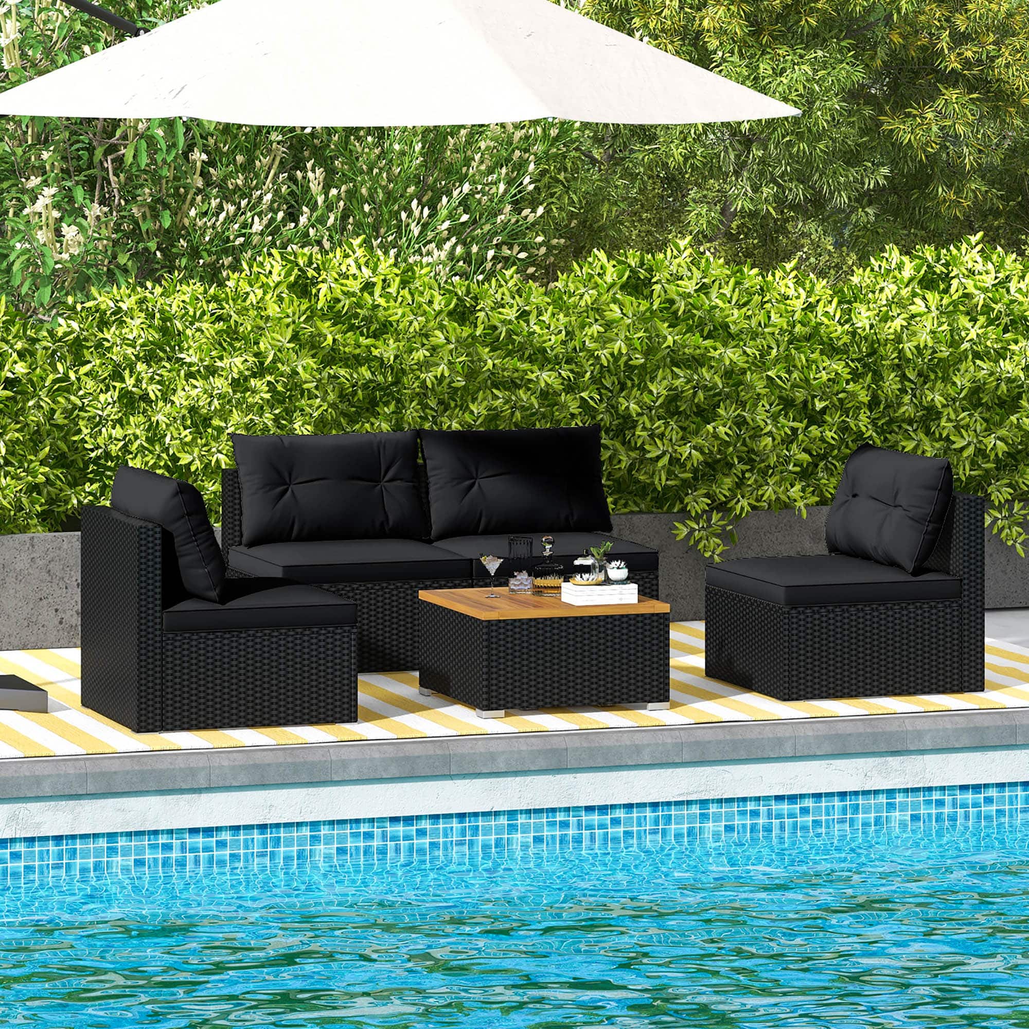 Gymax - 5 Piece Outdoor Furniture Set w/ Seat & Back Cushions Acacia Wood Tabletop - Black price history on PriceWatchPro