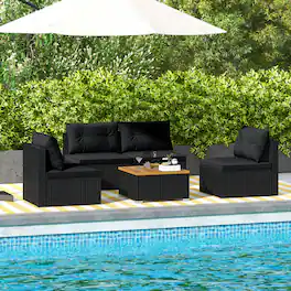 Gymax - 5 Piece Outdoor Furniture Set w/ Seat & Back Cushions Acacia Wood Tabletop - Black