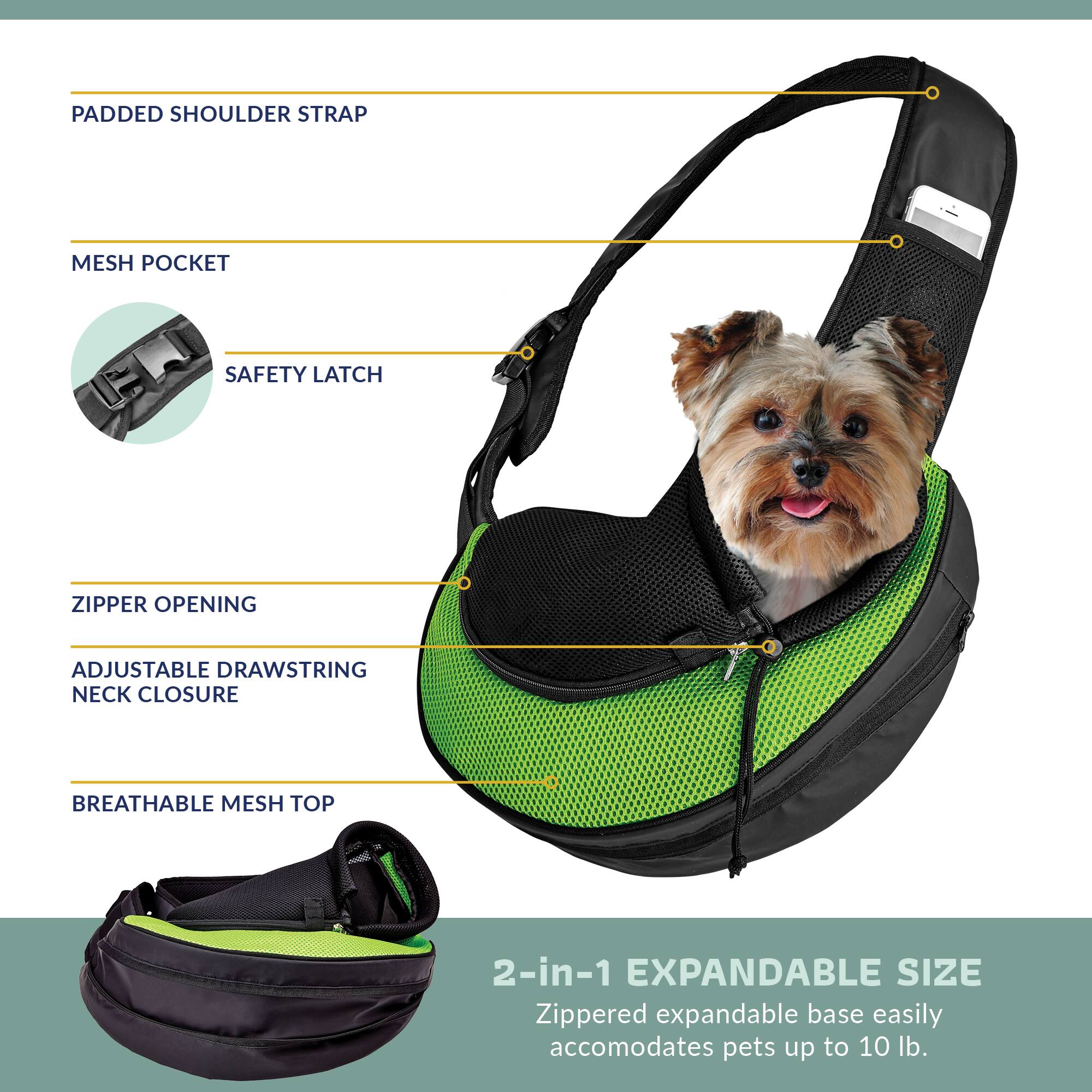 PADDED SHOULDER STRAP  
MESH POCKET  
SAFETY LATCH  
ZIPPER OPENING  
ADJUSTABLE DRAWSTRING NECK CLOSURE  
BREATHABLE MESH TOP  

2-in-1 EXPANDABLE SIZE  
Zippered expandable base easily accommodates pets up to 10 lb.
