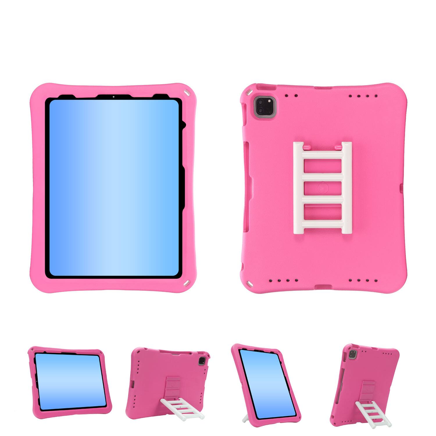 The image shows a pink phone case with a built-in stand.