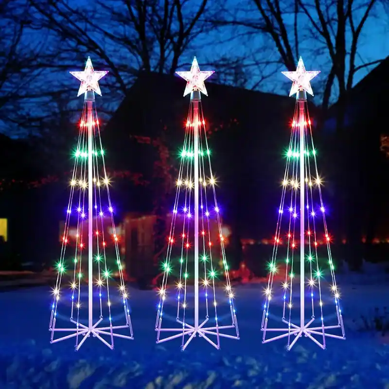 Front. Oumilen - 3‑Pack 4FT Multicolor Cone Tree Lights – Plug‑in with Star Topper & 8 Modes for Indoor Outdoor Holiday Decor.