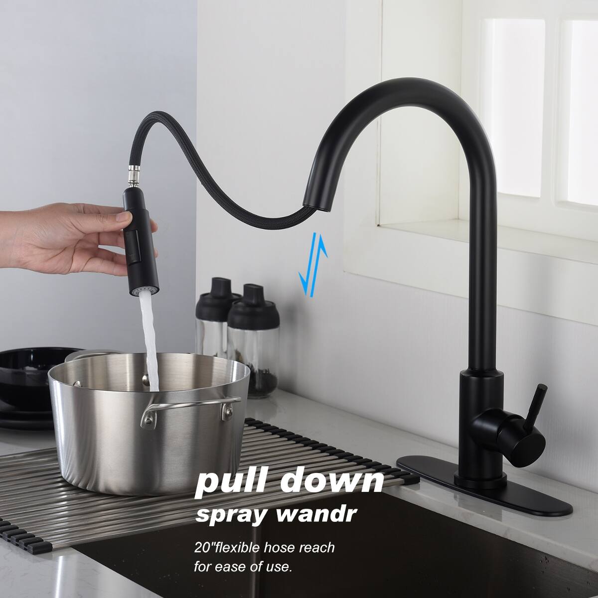 pull down spray wand  
20" flexible hose reach for ease of use.