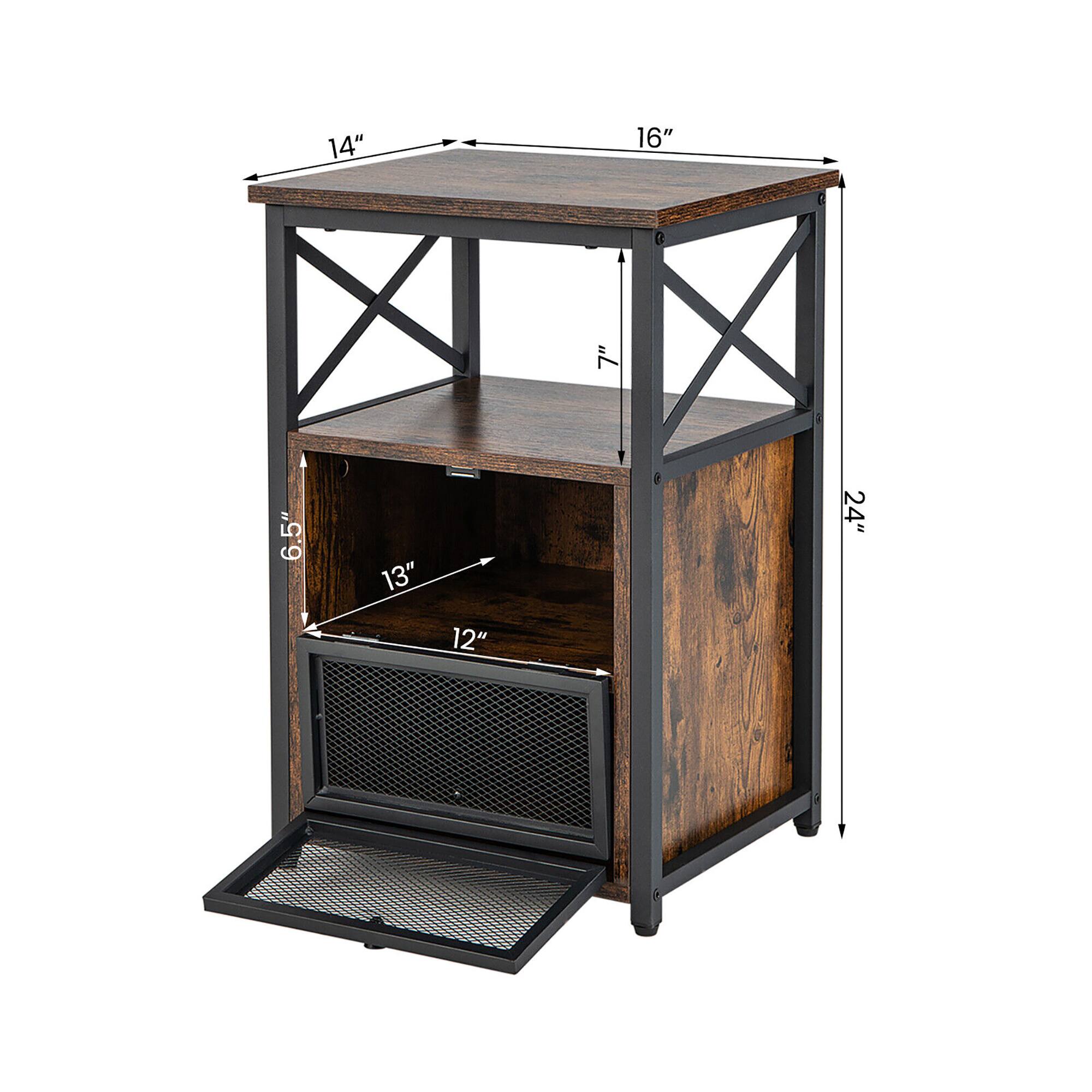 The dimensions of the table are:

- Width: 14"
- Depth: 16"
- Height: 33"
- Shelf Width: 13"
- Shelf Depth: 12"
- Shelf Height: 7"
- Overall Height: 61"