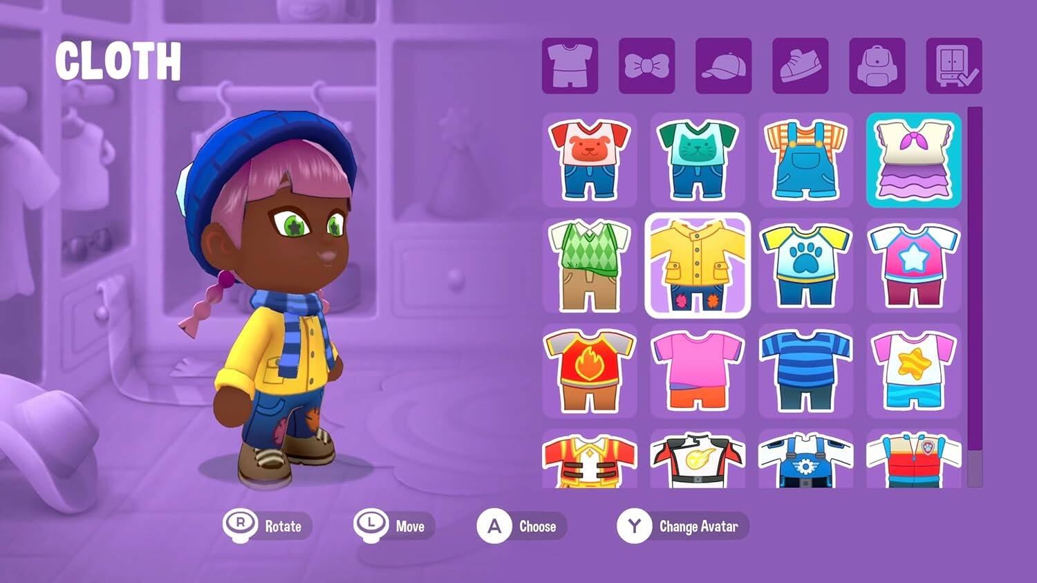 The text on the image reads "CLOTH RXHS N  R Rotate L Move A Choose Y Change Avatar." The corrected text should be "CLOTH RXHS N  R Rotate L Move A Choose Y Change Avatar."