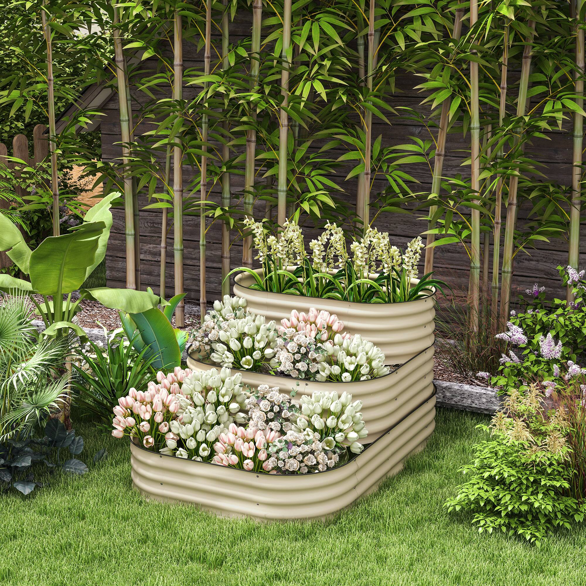 Alt View 1. Outsunny - Raised Garden Bed Set w/ Safety Edging, Open Bottom for Vegetables, Herbs, Flowers - Cream White.