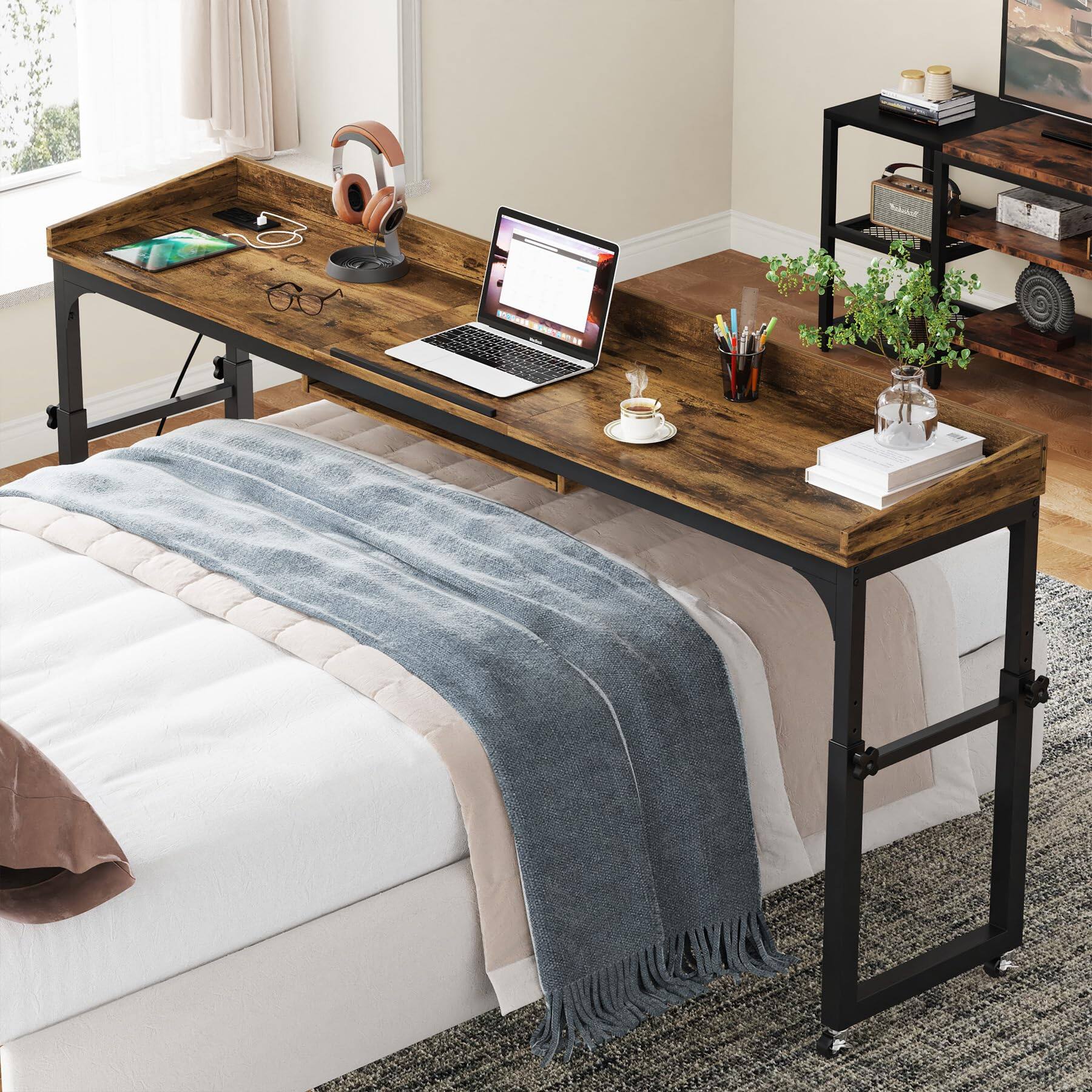 Alt View 2. Tribesigns - 70.9-Inch Height-Adjustable Overbed Desk with Wheels and Tilting Laptop Stand for Bedroom - Rustic Brown.