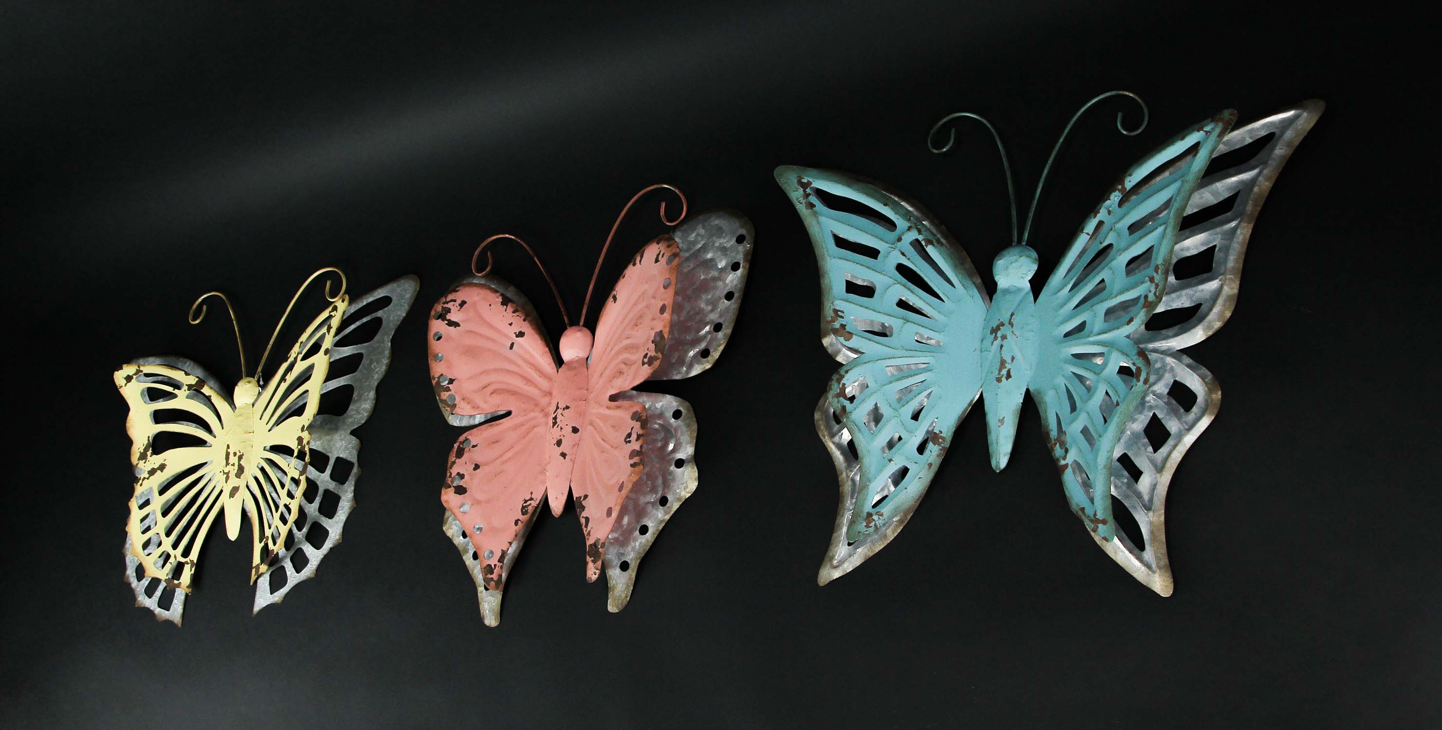 Alt View 1. Zeckos - Set of 3 Distressed Finish Metal Butterfly Wall Hangings Galvanized Zinc Accents - Multicolored.